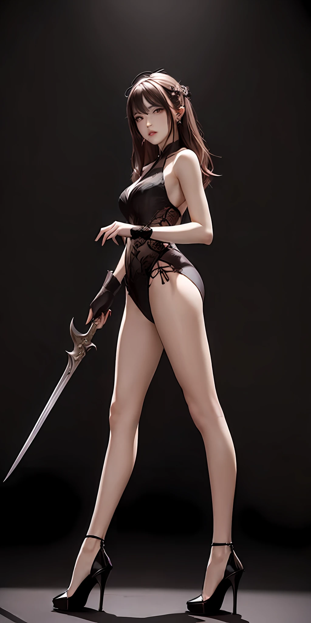 Women with weapons,Stand in high heels,The background is a magnificent temple。