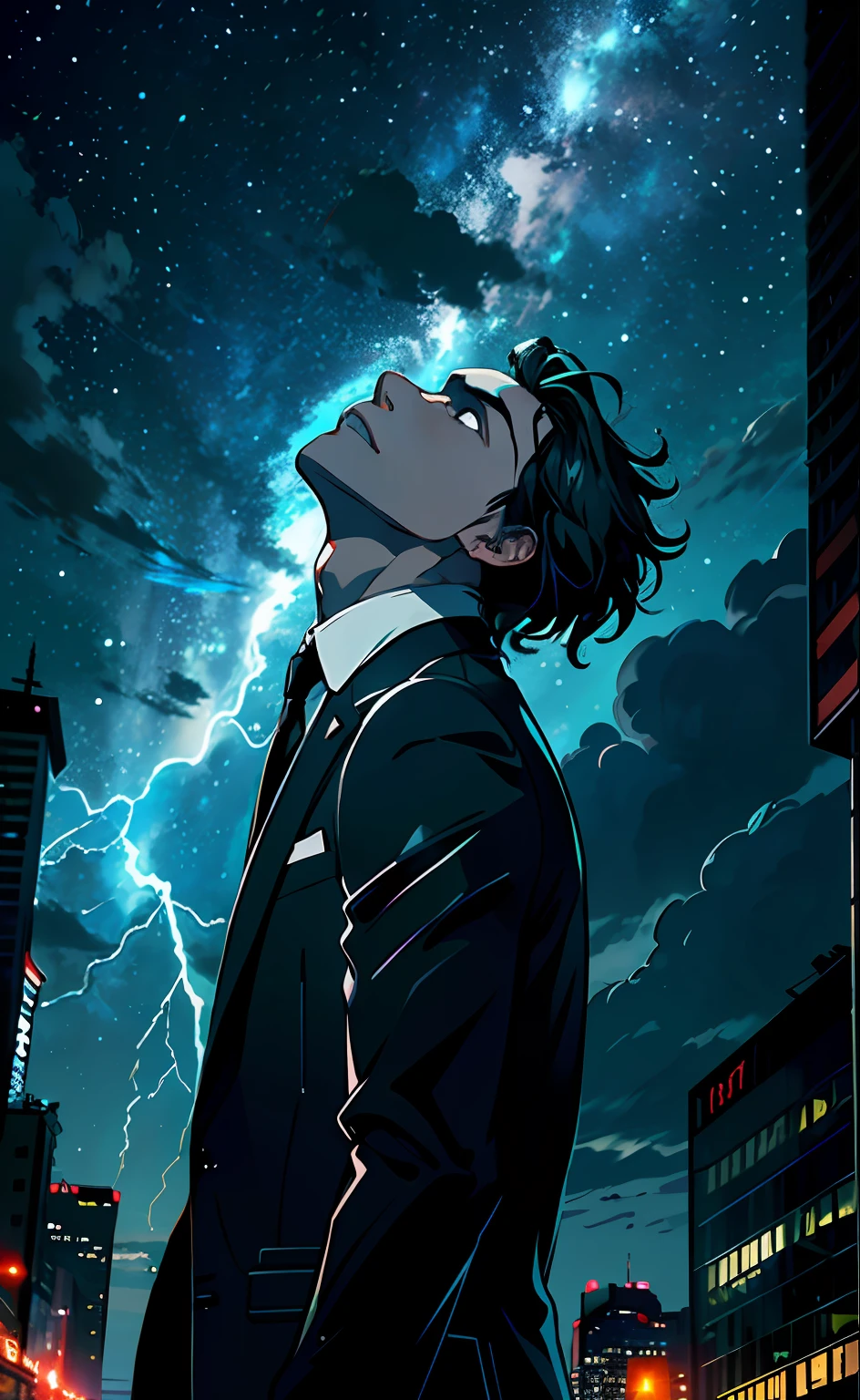 of a guy,Handsome face,Look at the lightning in the sky in amazement,head looking up,Black suit,short detailed hair,Lateral face,On the street,Look at the night sky,Lightning is ahead,Lightning ahead,Faraway view,in a panoramic view