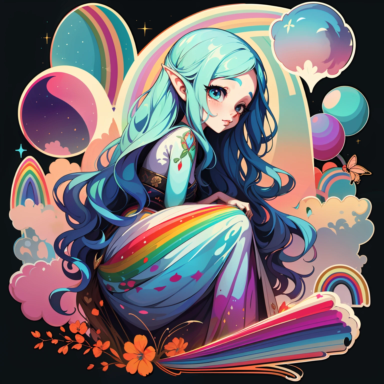 adesivo,1girl, fundo simples, retrato, girl with long hair, beautiful fairy girl, fairy aesthetic, beautiful girl, very beautiful fantasy art, beautiful and elegant female fairy, beautiful detailed fantasy, rainbow color palate, rainbow color-theme