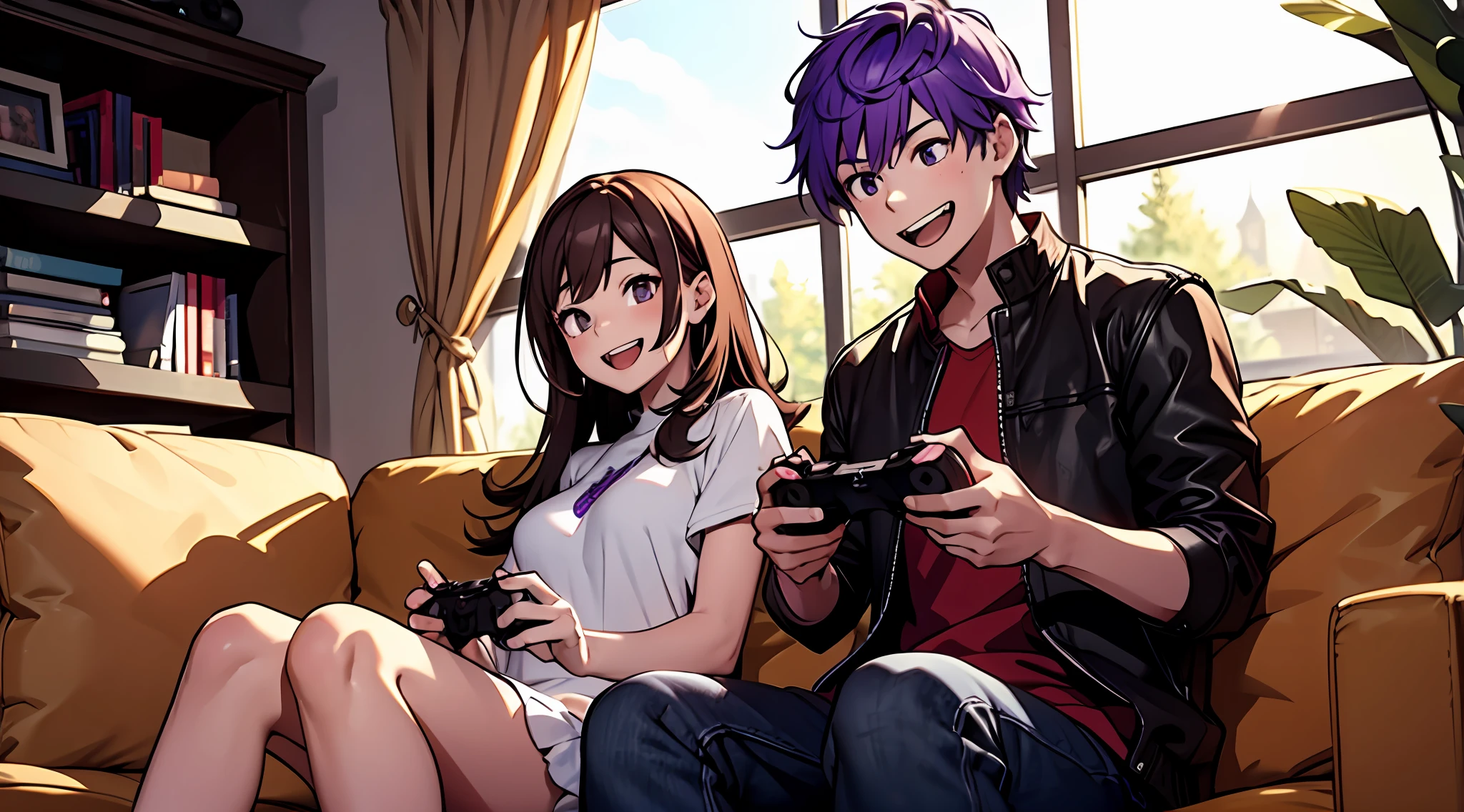 Boy with purple hair and girl with brown hair、great laughter、Video games together、sofas、DVR、relax vibe、high-level image quality、A delightful、controller、Playing