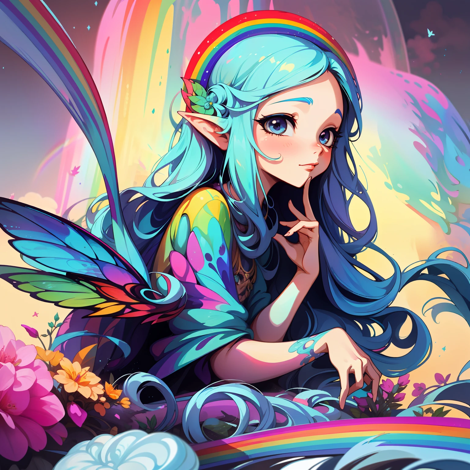 adesivo,1girl, fundo simples, retrato, girl with long hair, beautiful fairy girl, fairy aesthetic, beautiful girl, very beautiful fantasy art, beautiful and elegant female fairy, beautiful detailed fantasy, rainbow color palate, rainbow color-theme