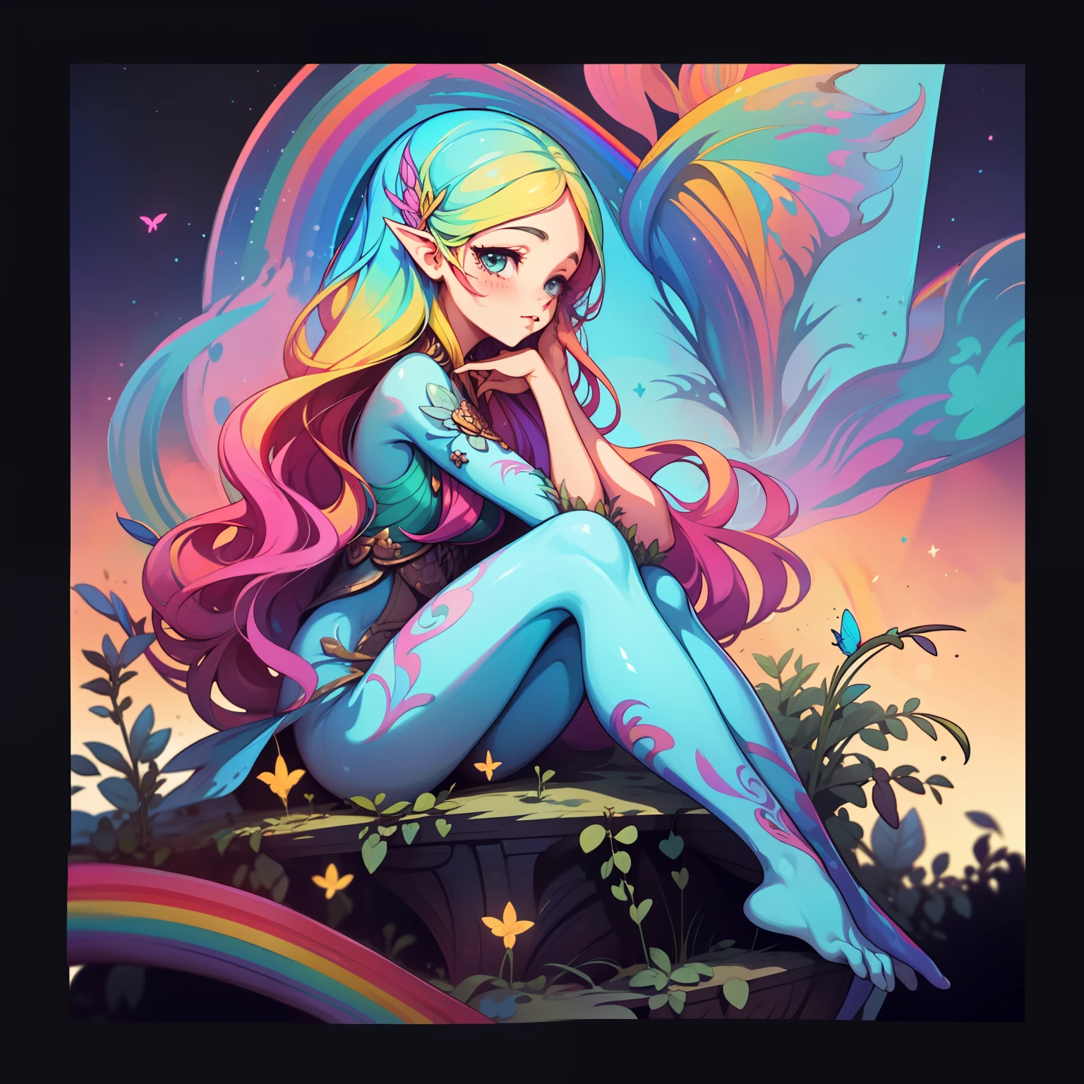 adesivo,1girl, fundo simples, retrato, girl with long hair, beautiful fairy girl, fairy aesthetic, beautiful girl, very beautiful fantasy art, beautiful and elegant female fairy, beautiful detailed fantasy, rainbow color palate, rainbow color-theme