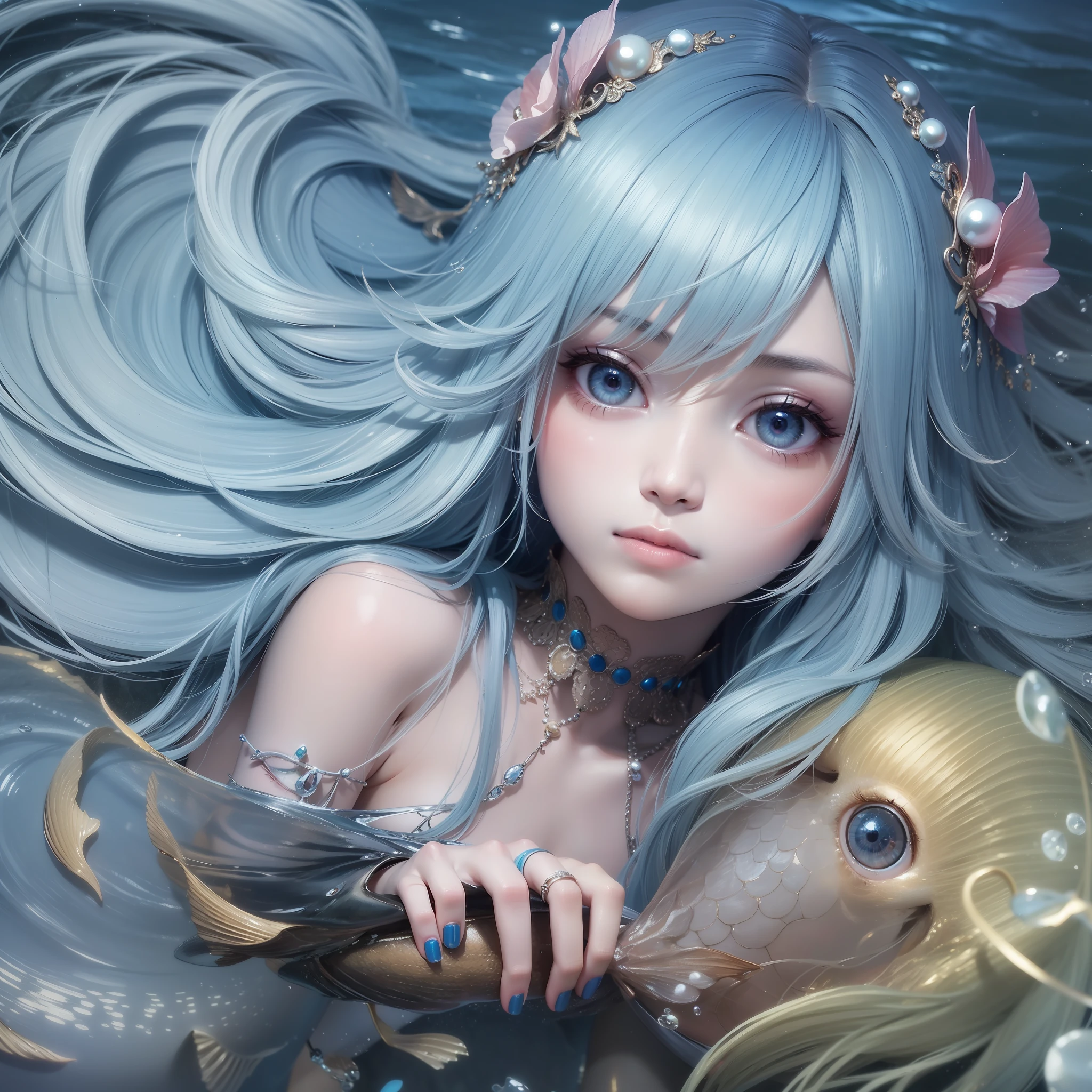 ((high quality)), ((masterpiece)), 8k, 1 girl, extremely detailed CG unity 8k wallpaper, looking at viewer, blue hair, long flowing hair, seabed, water, short blue dress, mythical dress, mermaid, wingless, blue nails, blue eyes, gentle smile, dreamy, harf body, blue as main, under the sea, sad face, fine detailed eyes, detailed face, fine quality eyes, realistic lighting, backlight, face lights, ray tracking, deepsea, water control, with a fish tail, mermaid, siren, blue fishtail, pearl fishtail