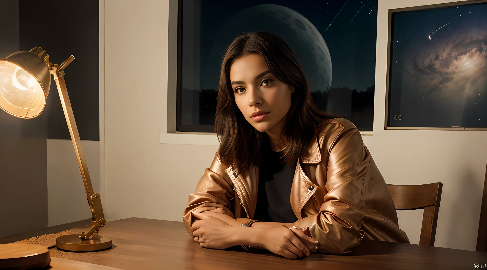 garota adolescente, fine lips, wearing a jacket, mhtv escrito em sua jaqueta, with his arms on a table, The table has a lamp and decorative astronomy objects, He's in a dark room decorated with an astronomy theme........, You're listening, The photo is ultra realistic, 8k, efeitos de luzes vermelhas, ........RAW, (8k, melhor qualidade, obra-prima: 1.2), (detalhes intrincados: 1.4), (fotorrealista: 1.4), soft studio light, Anel luminoso, detalhes vibrantes, Ultra Detalhado, textura de pele realista, rosto detalhado, unidade 8k papel de parede, maquiagem, fundo detalhado