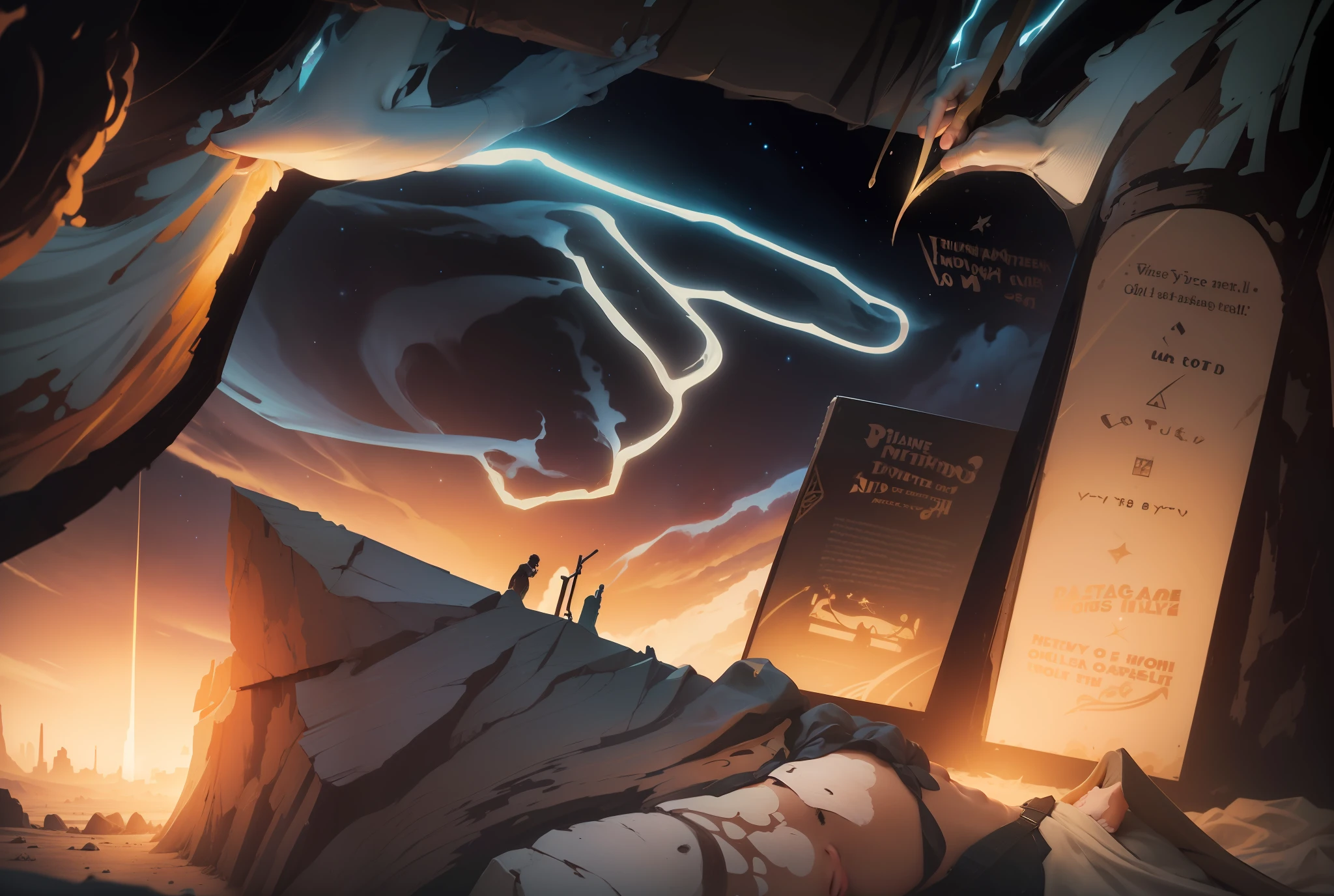 pintura de um homem apontando para um livro com um dedo sobre ele, biblical image, biblical cosmic illustration, on his right hand, biblical art style, biblical painting, on his left hand, Antigo Testamento, biblical art, Directed by: Leo Michelson, epic biblical representation, Directed by: Bernard Meninsky, Ancient Biblical, Directed by: Léo Goetz, Directed by: Roberto Richenburg, Directed by: Joe Sorren Cosmic, Galaxies, estrelas, planeta