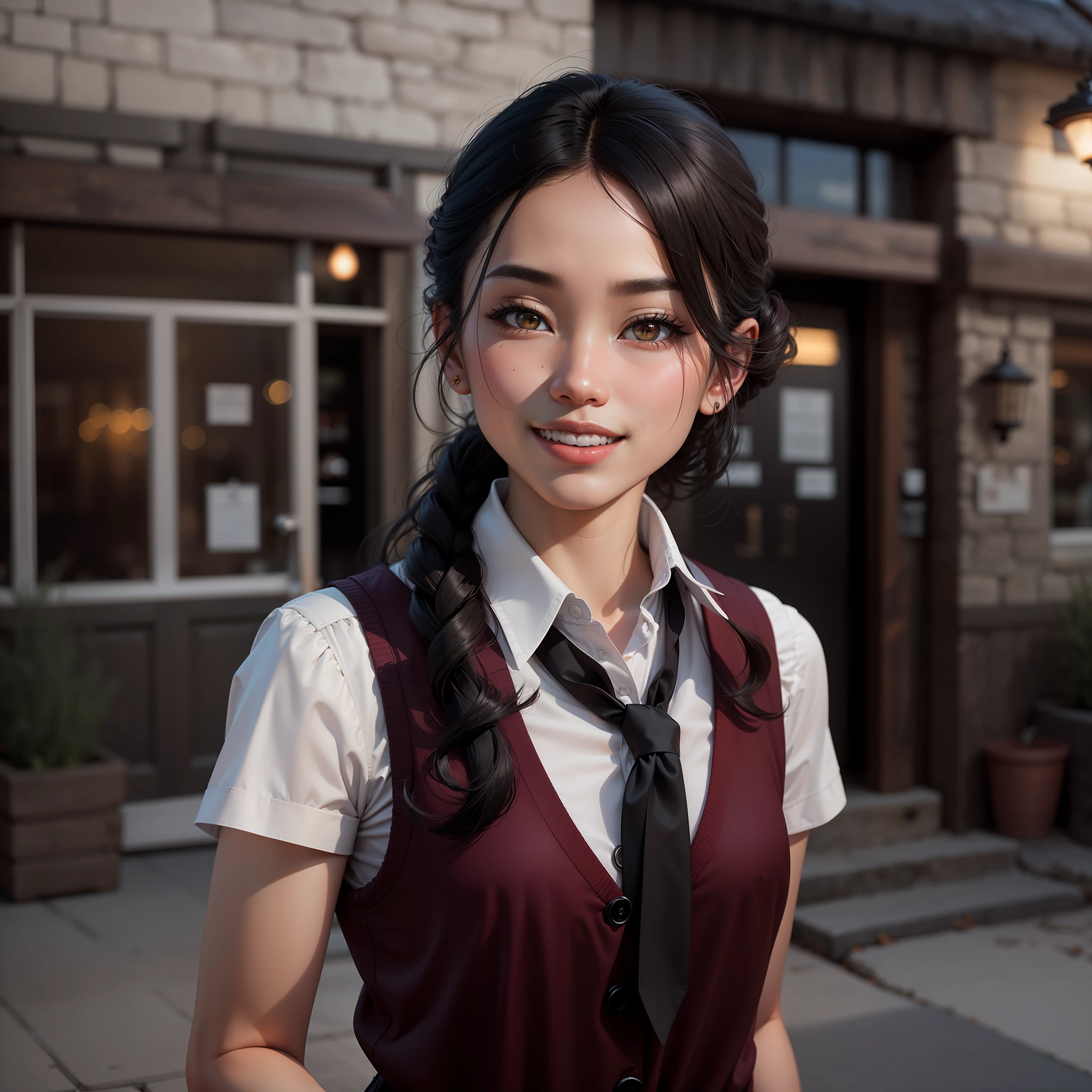 (dramatic illumination, dynamic angle, intense color contrast), (solo), portrait of a young asian-american woman, black hair with head band, brown eyes, oval face, wearing white collar shirt, loose black tie, and burgundy vest, smiling, dark lipstick, outside rustic hardware store, perky attitude,