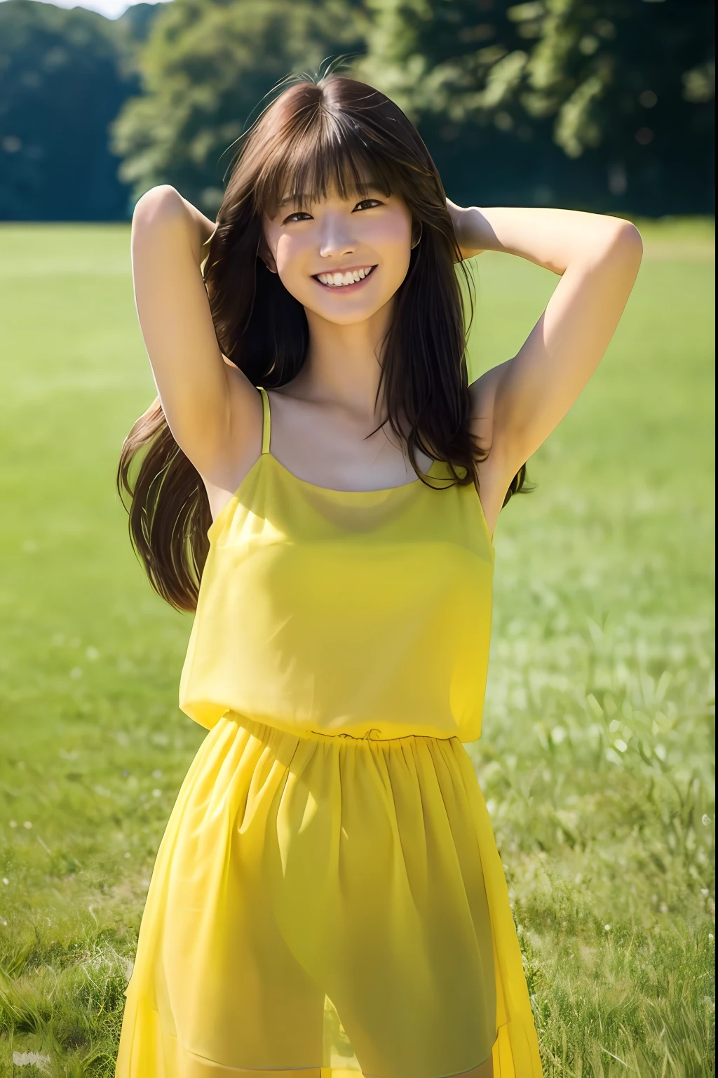 (Masterpiece, Realistic, 超高分辨率, High quality:1.2),1girll, (Young),(no make-up), Brown waist-length hair, photore, 80s style , Dynamic pose, On the grass in summer,Wearing a long yellow slip dress，Black eyes，Enchanted smile，Teeth are slightly exposed)