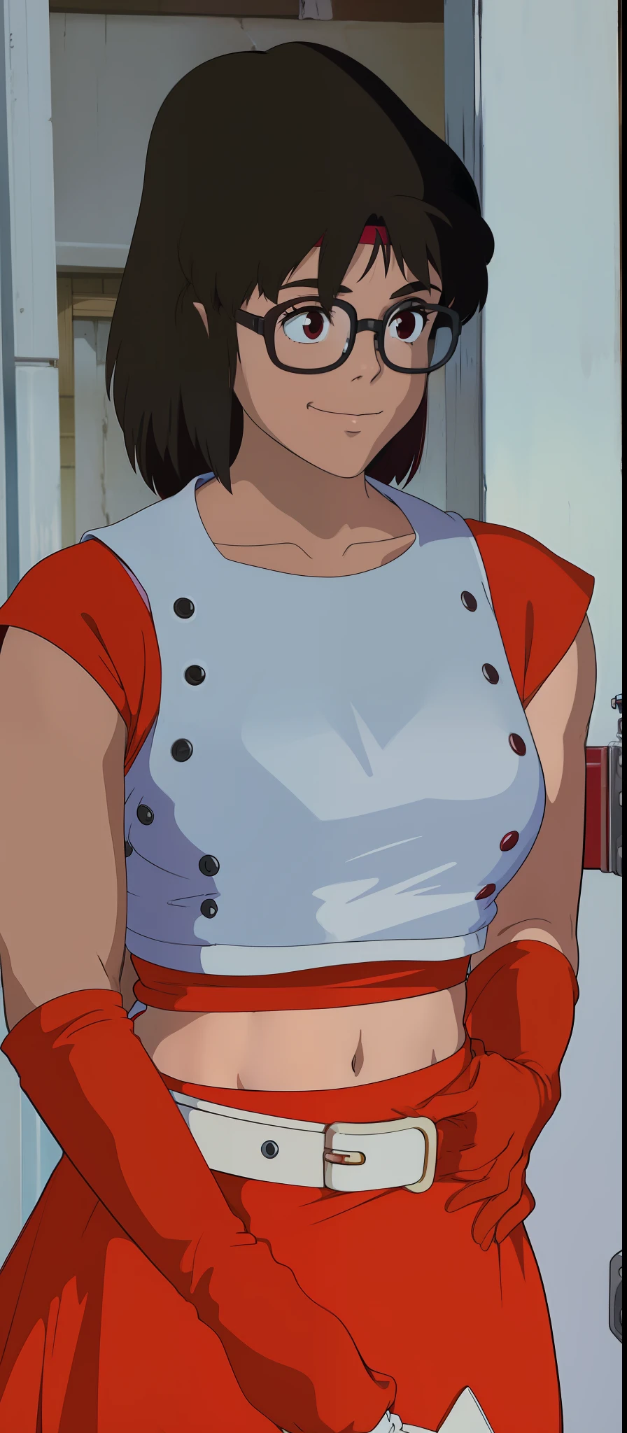 Yumiko Itaya, girl, idol group, red outfit, white sleeveless top, red gloves, red skirt, white belt, red leggings, breasts, medium hair, black hair, glasses, headband, 80s, little smile,