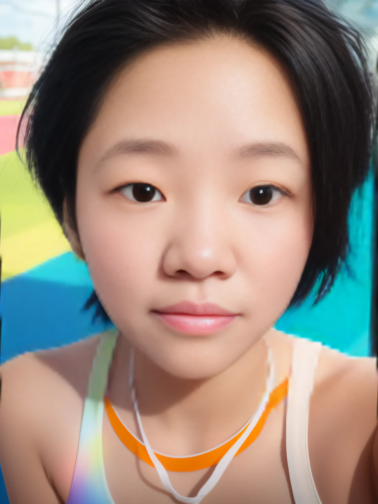 （Pixar 1.23 Style） 1 rapariga （（Upper body front，Bust lens））， 独奏， cute kid， brunette color hair， Beautiful sportswear， Kizi， Korean kids， playground， （tmasterpiece， HighestQuali））， （Synthetic lighting），realisticlying，（tmasterpiece，top Quority，best qualtiy，offcial art），The is very detailed，Colorful，Most detailed，Kamimei，short detailed hair，Black color hair，(magia)，charming woman，White skin，Blushlush