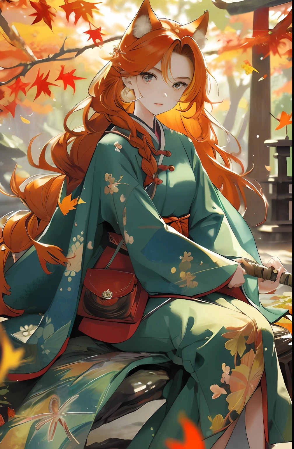 englai Fairyland,Chinese mythology,Colorful auspicious clouds,
autumn, autumn_leaves, falling_leaves, holding_leaf, leaf, leaf_background, leaf_hair_ornament, maple_leaf, aki_shizuha, leaf_print, starfish, anger_vein, ginkgo_leaf, leaf_on_head, spoken_anger_vein, tree, waterfall, sweet_potato, dragonfly, acorn, solo, braid, blurry_foreground, 1girl, day, painting, depth_of_field, blurry, long_hair, branch, hair_ornament, leaves_in_wind, forest, outdoors, nature, campfire, shirt, looking_at_viewer, onsen, koi, sitting, masterpiece, best quality, (best quality), ((masterpiece)), (highres), original, extremely detailed 8K wallpaper, (an extremely delicate and beautiful),((detailed face)),beautiful detail eyes,hair fluttering in the wind,messy hair,lens flare,
1girl,full body,(golden eye),(red eye),(wolf ear),(yellow hair),(wolf tail),(wolf ears),(a cute young girl:1.1),(wolf ear),beautiful detailed eyes,orange hair, very long hair,small breasts,(looking at viewer),
(magazine:1.3), (cover-style:1.3), fashionable, woman, vibrant, outfit, posing, front, colorful, dynamic, background, elements, confident, expression, holding, statement, accessory, majestic, coiled, around, touch, scene, text, cover, bold, attention-grabbing, title, stylish, font, catchy, headline, larger, striking, modern, trendy, focus, fashion,