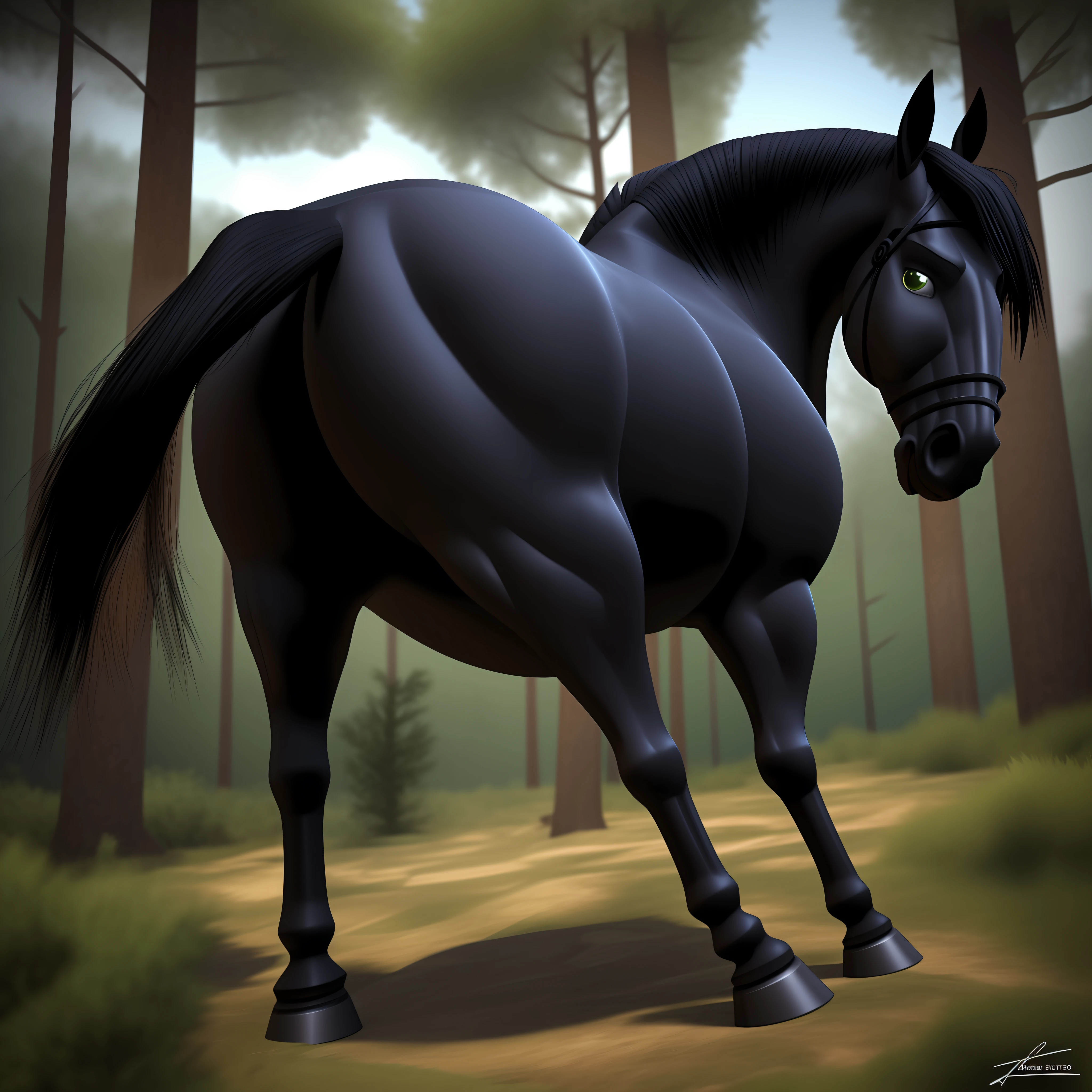 Black stallion horse, caverna, bunda grande, perspectiva do bumbum, bumbum bonito,macho, no meio do forest,cabelos pretos longos, olhos verdes , Arte peluda,3d render realista, fotografia