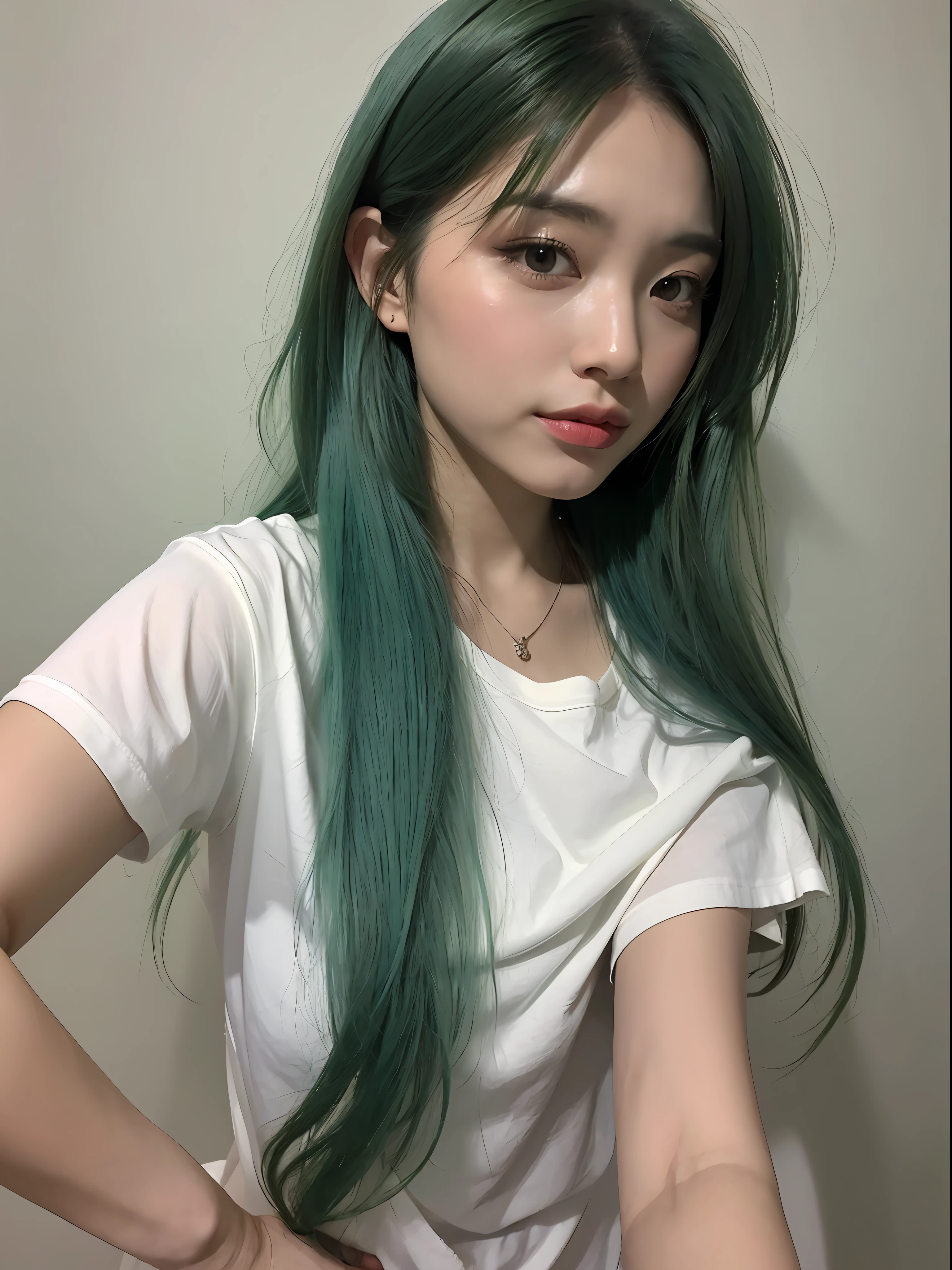 ((, Need, 8K, tmasterpiece:1.3)), 1female,Upper body body,self-shot,eventide,Focalors:1.2, perfect figure beautiful woman:1.4,( natta:1.1), ((Green hair )), (White T-shirt 1.2), ((Home:1.3)), Highly detailed facial and skin texture, A detailed eye, 二重まぶた
