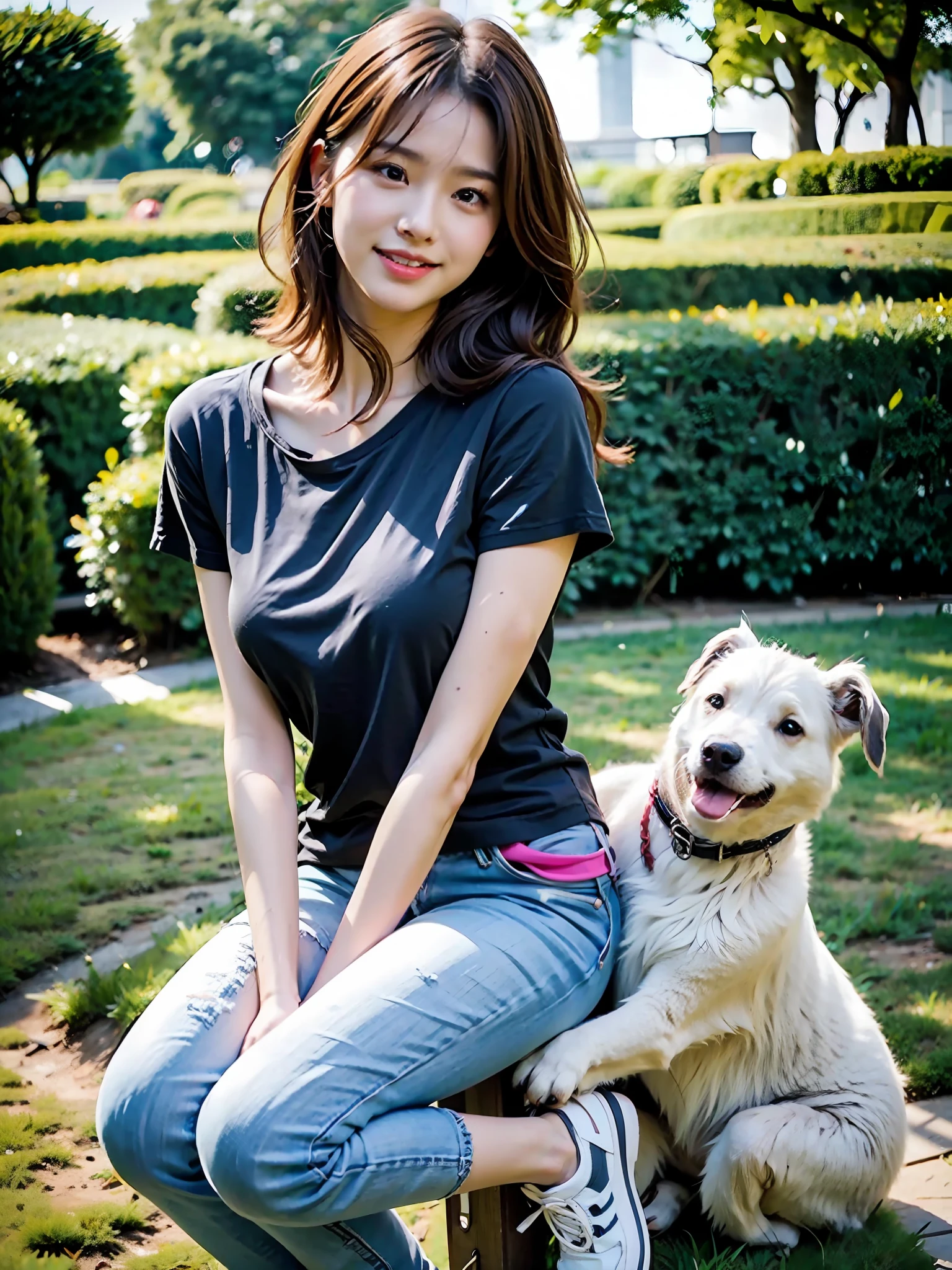 （best qualtiy：1.4），Complicated details，2 20 year old Korean girl，Wear a loose black T-shirt and skinny jeans，Stand on the grass and take pictures，cuddle，Intimate relationships，Detailed meadow，A sweet smile on a small face，Ultra-realistic facial details，Playful and coquettish pose，The calves are straight and slender:1.2，Wear high-end brand sneakers:1.0，eventide：0.3，Broad lighting，naturalshadow：1.0，Focus on people，Ultra-high resolution，The calves are straight and slender:1.2，Wear high-end brand sneakers:1.2，fully body photo:1.8