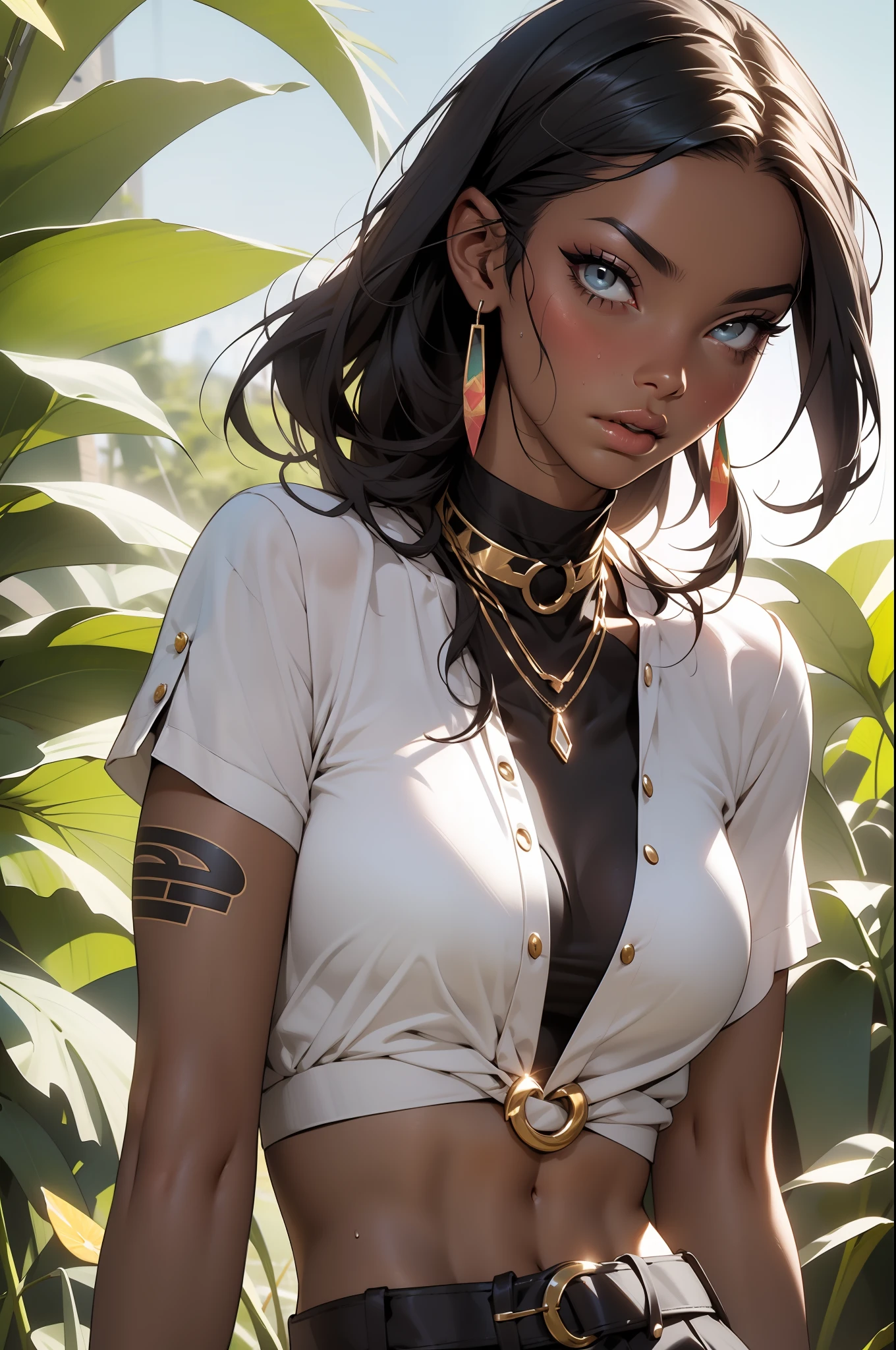 (((absurdos))), (((melhor qualidade))), (((obra prima))), mulher de 35 anos musculosa, cabelo cacheado crespo, tatuagens pelo corpo, corpo perfeito e proporcional, black skin wearing very few clothes and many necklaces and adornments around the body, short pequeno, muito calor, She is sweaty and her black skin glows under the scorching sun, mulher africana