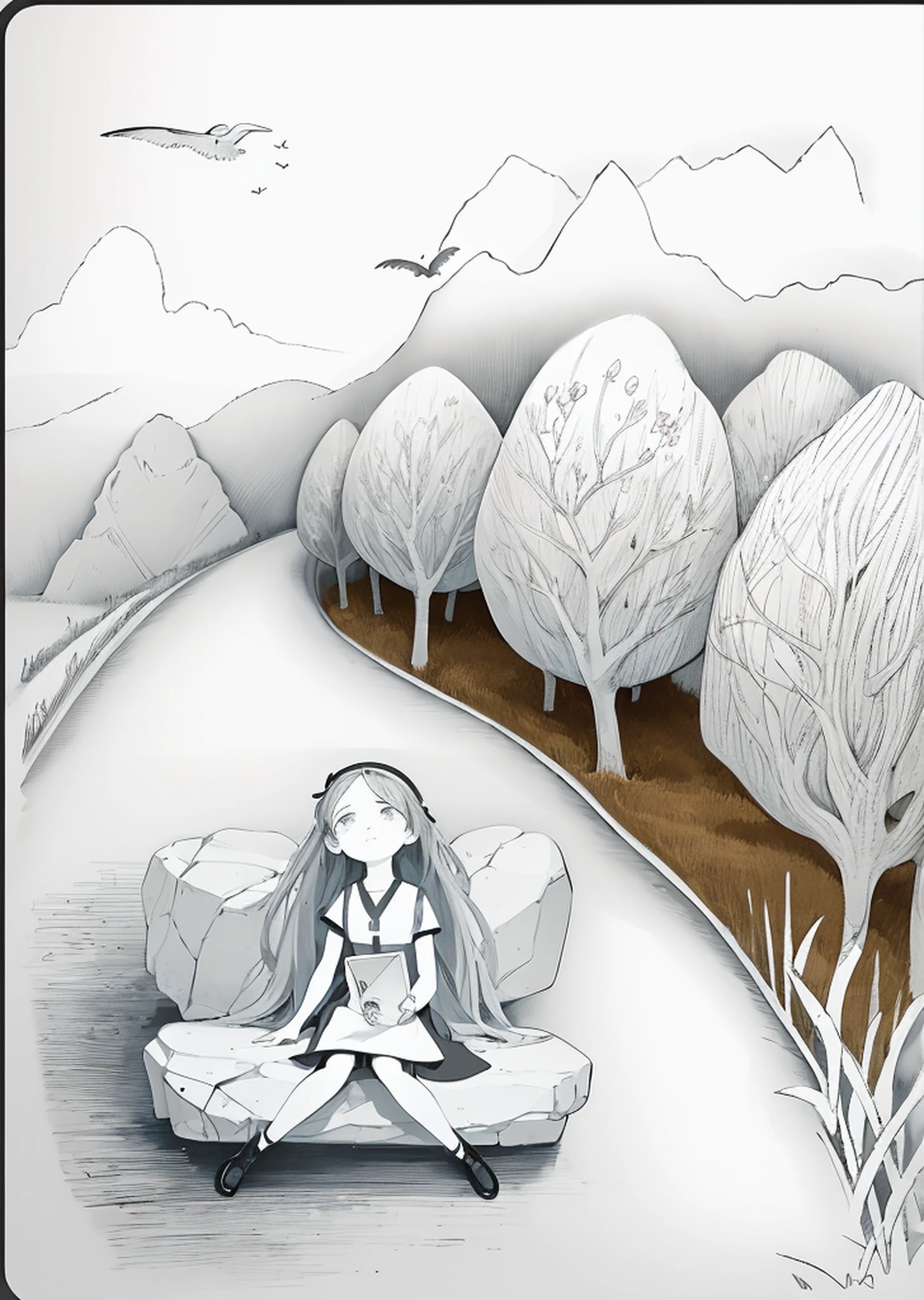 There is a painting in the woods，A girl sits on a bench sofa, Official illustration, full page illustration, serene illustration, full page illustration, portfolio illustration, art concept for a book cover, book illustrations, cover illustration, published art, stylised graphic novel, Desolate. Digital illustration, children's book illustrations, Concept illustration, Black and white illustration, matte digital illustration