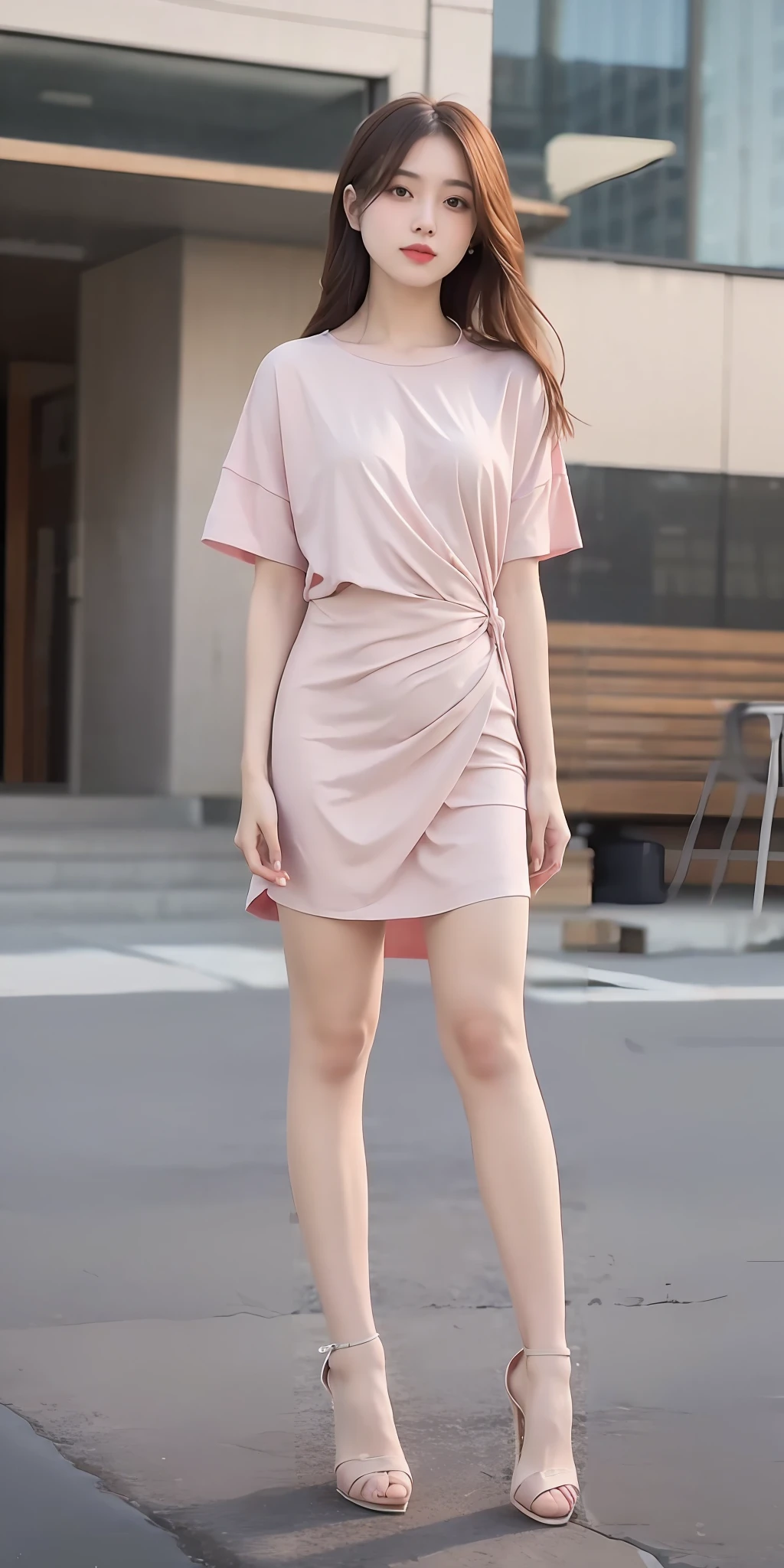 mix4, 20d, solo, long_hair, shirt, dress, high_heels,full_body, look_at_viewer, (8k, RAW photo, highest quality, masterpiece:1.2), (realistic, photorealistic:1.37), professional lighting, photon mapping, radio city, physically based rendering,