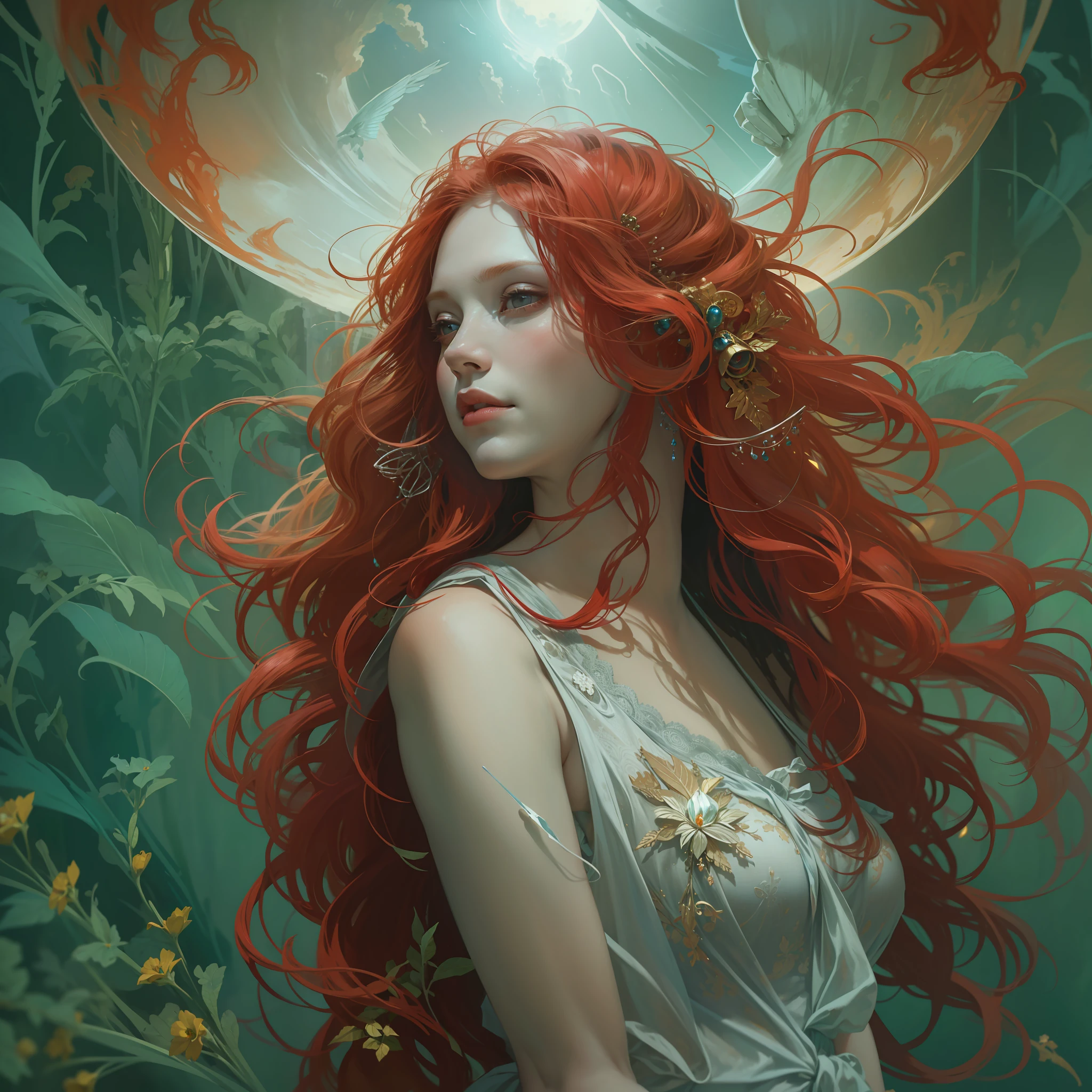 A woman with porcelain skin, long red hair, with a delicate and ethereal beauty, her skin shining in the moonlight, dynamic colors, ultra-detailed, Full Shot, Karol Bak style, 4k