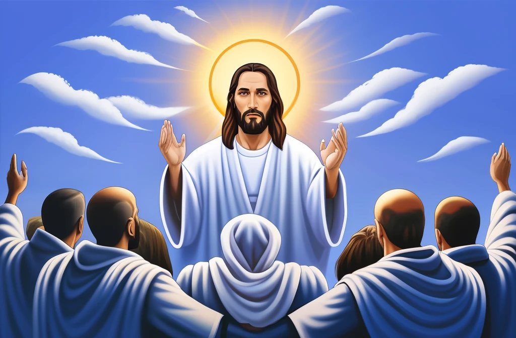 Uma pintura de Jesus na frente de um grupo de pessoas, Jesus Cristo, imagem do avatar, Jesus Cristo em Mass Effect, Segunda vinda, jesus of nazareth, Jesus, he is greeting you warmly, artistic depiction, catholic religious art, Directed by: Nicholas Marsicano, Obra-prima da luz brilhante, Jovem Deus Todo-Poderoso, Jesus Negro, Jesus Gigachad, Trindade, pintura religiosa