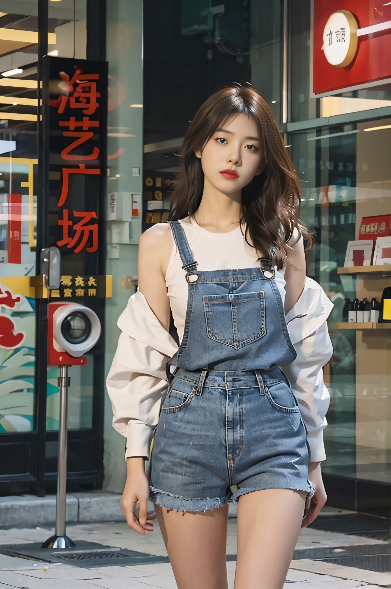 1 girl, Full body photo,,Jeans,Suspender T-shirt,Wearing sneakers, cropped shoulders,The facial features are delicate and three-dimensional, The expression is natural and real, cheerfulness,Detailed details,Real and natural,Walk next to the camera,Accidentally see your footage , wearing denim short shorts, photo of slim girl model, Straight dark brown hair ,floated hair,Large breasts, Walk in style and naturally on the square, The background is a spacious square in a fashion shopping mall,The ground is smooth,Advancedsense,High-rise building in background,Korean female model, Casual style, In fashion style, Trendy clothes, Solo, Detailed background, Square fashion clothing, Square fashion clothing, Sexy girl in shorts, Square fashion clothing,, very beautiful slim legs, Photorealistic, Street photography, Masterpiece, Realistic, Realistic, Photorealistic, High contrast, artstation 8k, High-definition realistic digital art trends, Detailed, Skin texture, Super detailed, Realistic skin texture, armature, Best quality, 超高分辨率, (Photorealistic :1.4), 超高分辨率, Detailed, primitive, Sharp Re, Port Kodak 400, Camera f1.6 shots, Rich colors, Ultra-realistic, Realistic textures, Dramatic lighting, illusory engine, Popular on the ArtStation Cinestill 800