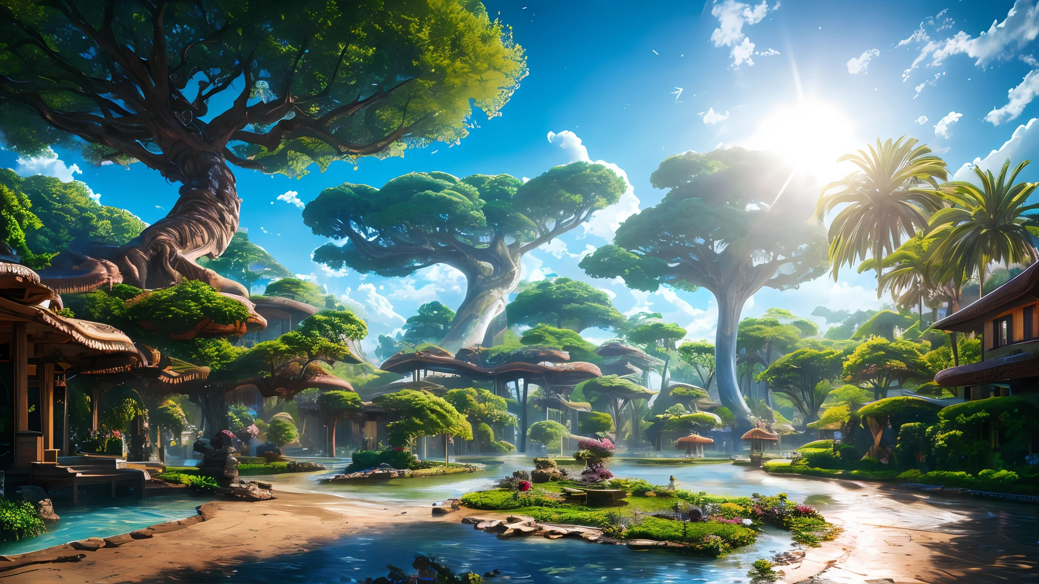 masterpiece, best quality, high quality, extremely detailed CG unity 8k wallpaper, a hyperrealistic colossal cyan raintree, in a futuristic prehistoric village, splashing water, sandy debris, lens flares, sunshaft, fluffy clouds, Hyperdetailed, HDR, bloom, Photorealistic, hyperdetailed