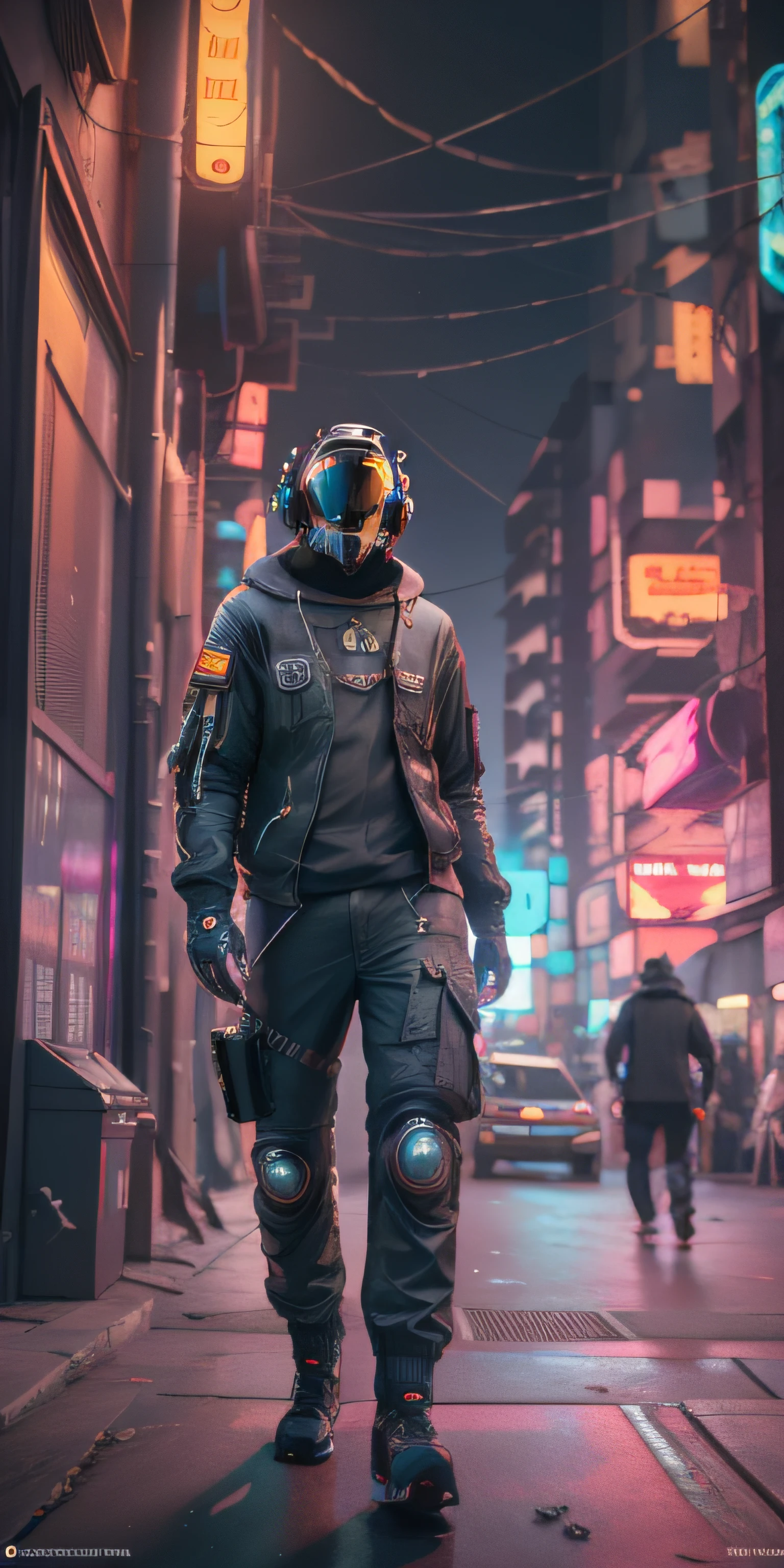 (masterpiece, full body shot, intricate raw photography) Cyberpunk citizen, comfortable oversize black hoodie, black cargo pants, black clothes, dark, wearing a black helmet hitech style Astronaut, intricate, futuristic, advanced technology, dark environment, dramatic, light and shadow, cinematic, action movie, sharpness, random relaxed position, Cyberpunk City, street lights, dark street, night, Insta photo, photo of the year, octane render, substance, Maya 3D, cinema4D, ArtStation Trending, Devian Art Trend,