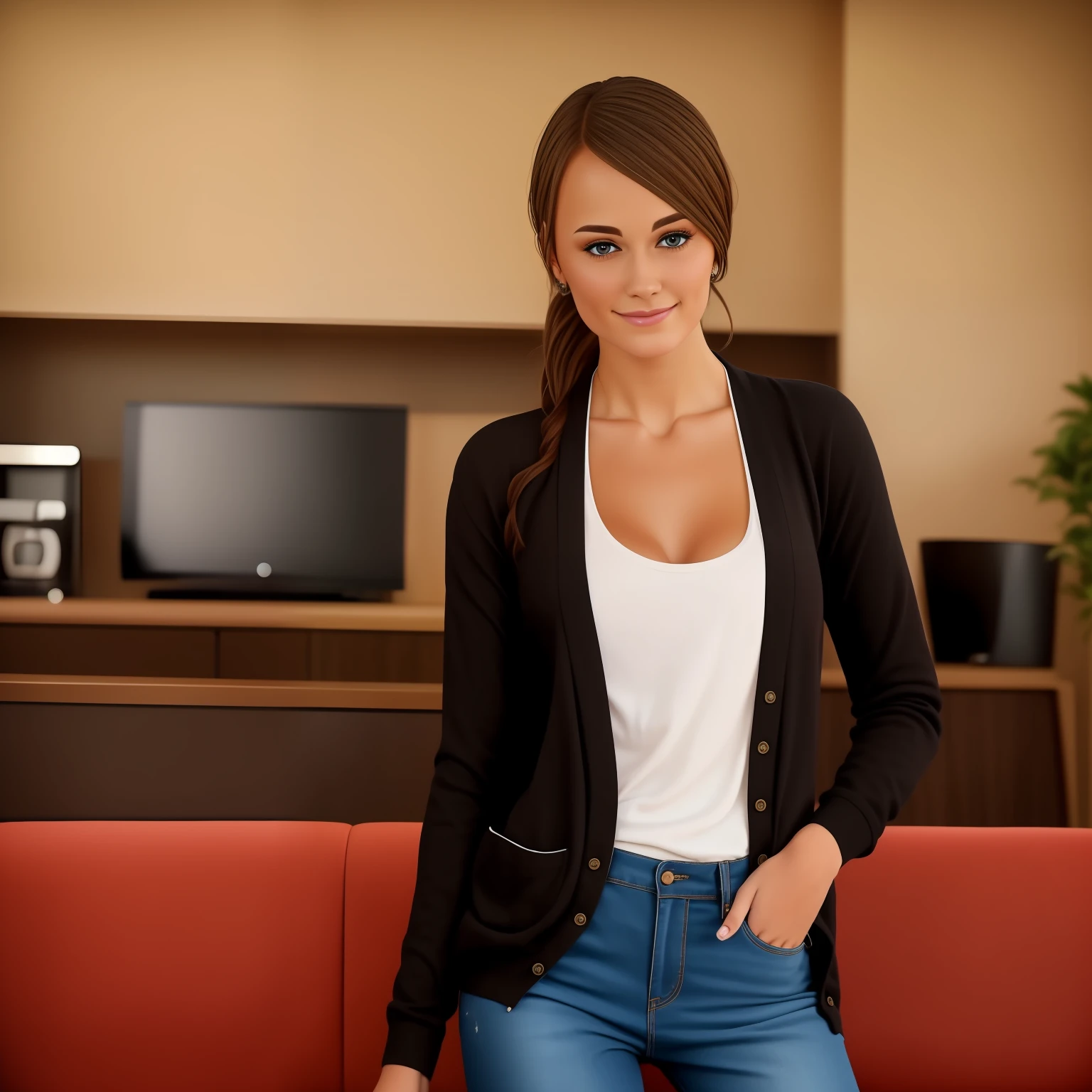 One girl from Australia wearing cardigan paired with black jeans, at her house sitting on sofa holding coffee with her hand, Hyper realistic, 4K, HDR, realism, cinematic lighting, medium makeup, beautiful face, hot and sexy