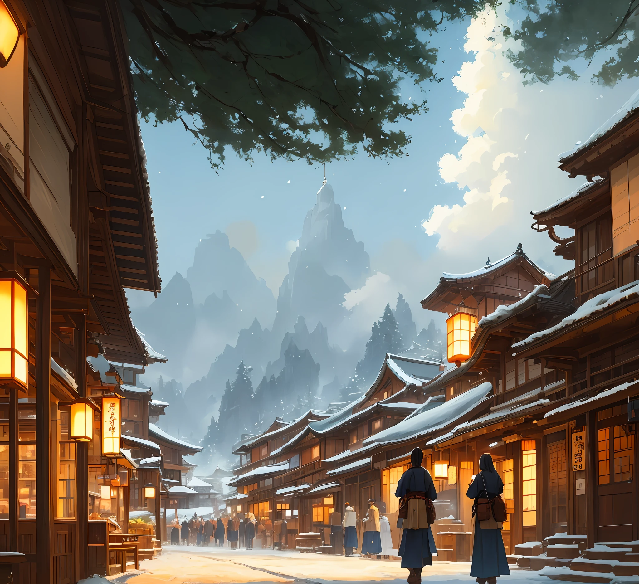 (чрезвычайно детализированные обои CG unity 8k), A full photo of the most beautiful works of the Japanese ramen store, snowfall, meal, steam, nostalgia, professional majestic oil painting by Ed Blinky, These Geylana, Studio Ghibli, Jeremy Manna, Greg Manchess, Antonio Moro, popular on ArtStation, trending on CGSociety, Complex, higly detailed, sharp focus, Dramatic, photorealistic painting drawing by Midjourney and Greg Rutkowski