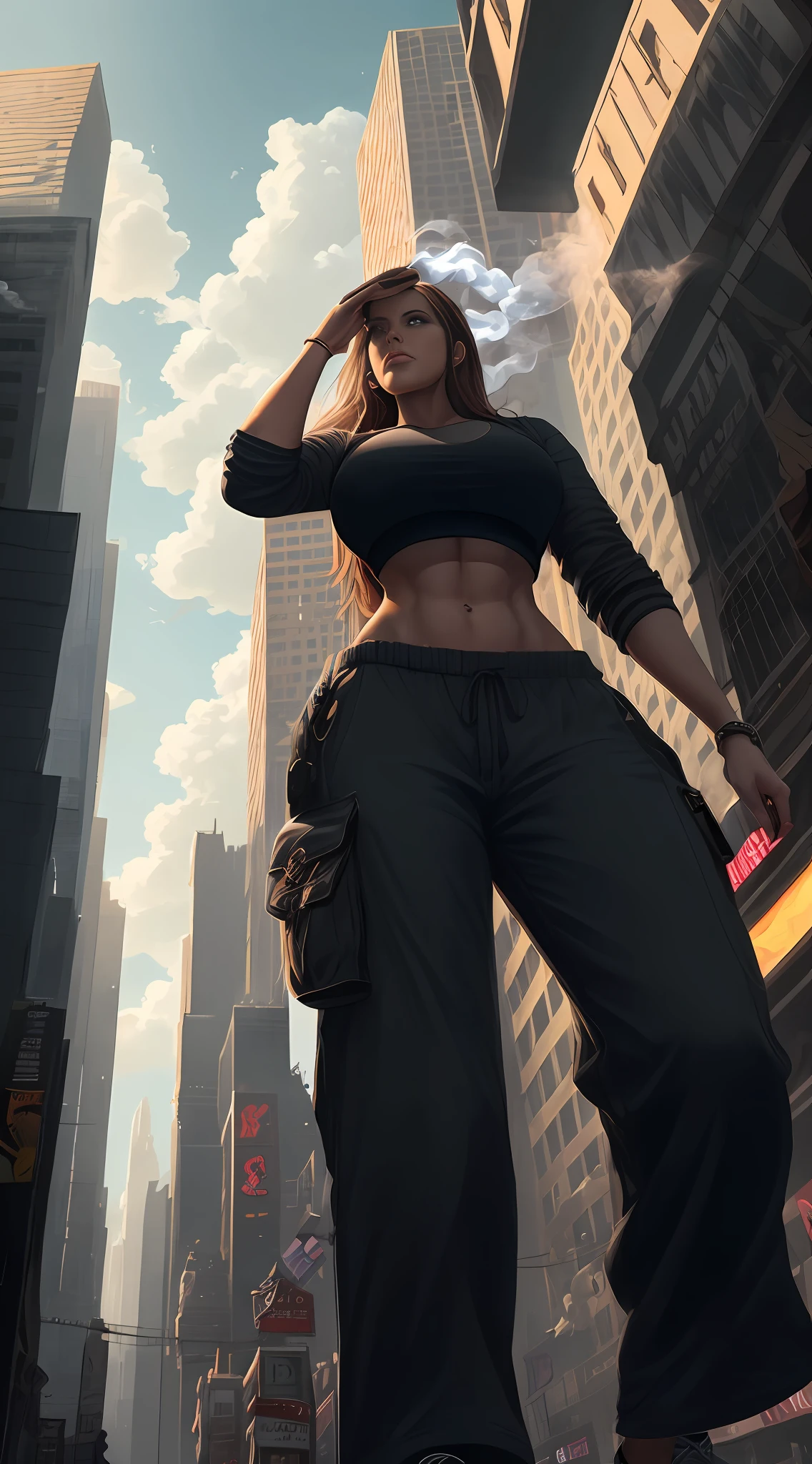 "A towering Giantess in a cool and laid-back hippie style is rocking a crop top and baggy pants. Her toned and athletic build hints at her massive strength. She seems to be casually strolling through the bustling cityscape of GTS City, as towering buildings loom overhead. Smoke and clouds roil around her, adding to the sense of epic scale and drama. The lighting is dark, gloomy, and realistic, creating a tense and ominous atmosphere. The perspective is from below, emphasizing the sheer majesty and power of the Giantess." --auto