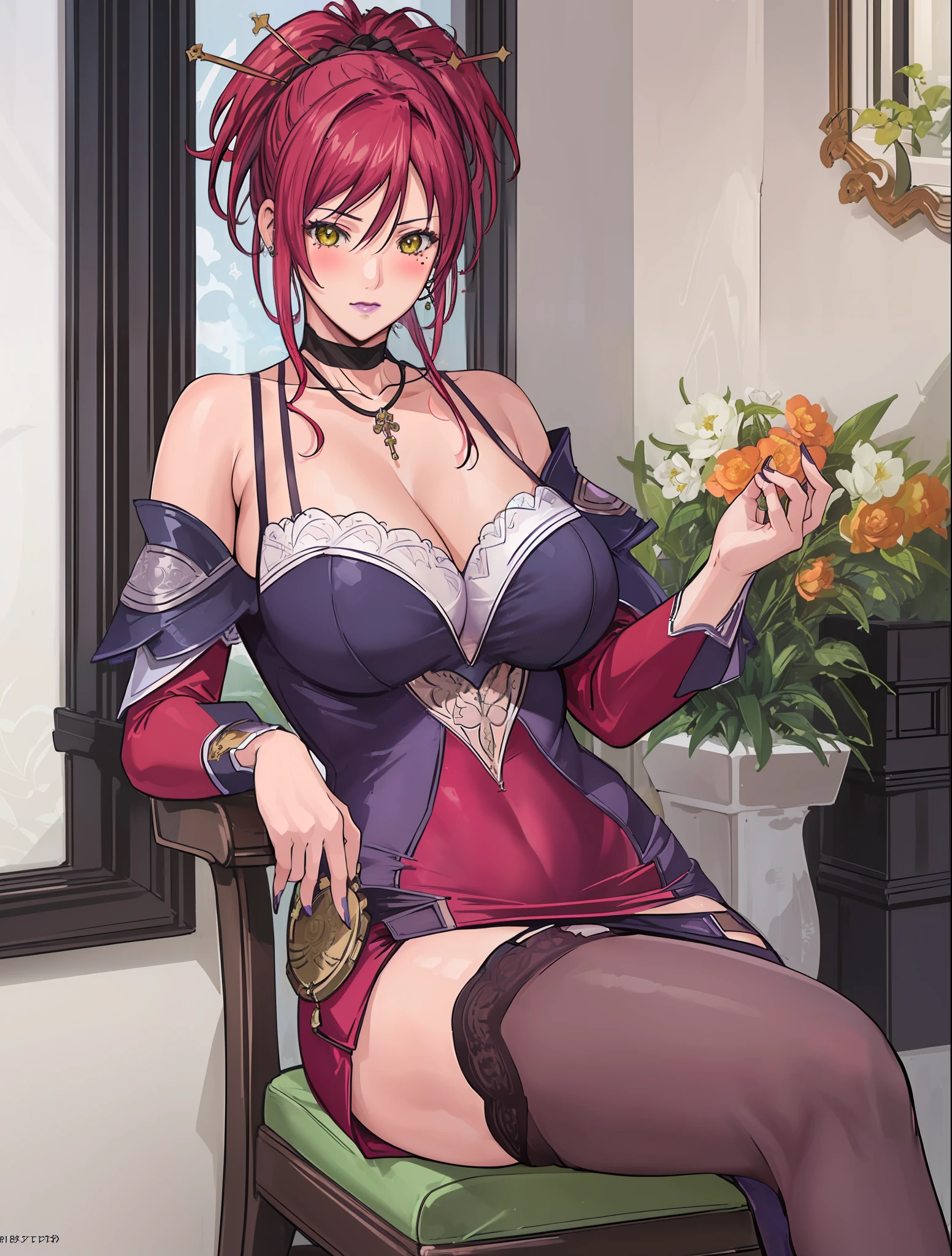 (Masterpiece, Best Quality, High Quality:1.4), professional artwork, Intricate Details, field of view, sharp focus, detailed painting, photorealistic lighting, trending on pixiv, (vivid lighting, vibrant colors:1.05), realistic shadows, ambient occlusion, by Takato Yamamoto
Marie Mamiya, mature female, milf, solo, (curvy:1.1), sitting on sofa, crossed legs, luxury room, (cowboy shot:1.1),
(red hair:1.05), hair ornament, lipstick, makeup, (mole under eye:0.9), choker, ultra detail hair, ultra detail face, (yellow eyes:1.05), perfect eyes, perfect face, earrings, (seductive look, blush:1.15),
(main dress:1.4), choker, (thighhighs:1.1),(highheels:1.2), bare shoulders, necklace, fingernails,
(Large Breasts:1.15), Cleavage, big ass, thighs, face closeup
