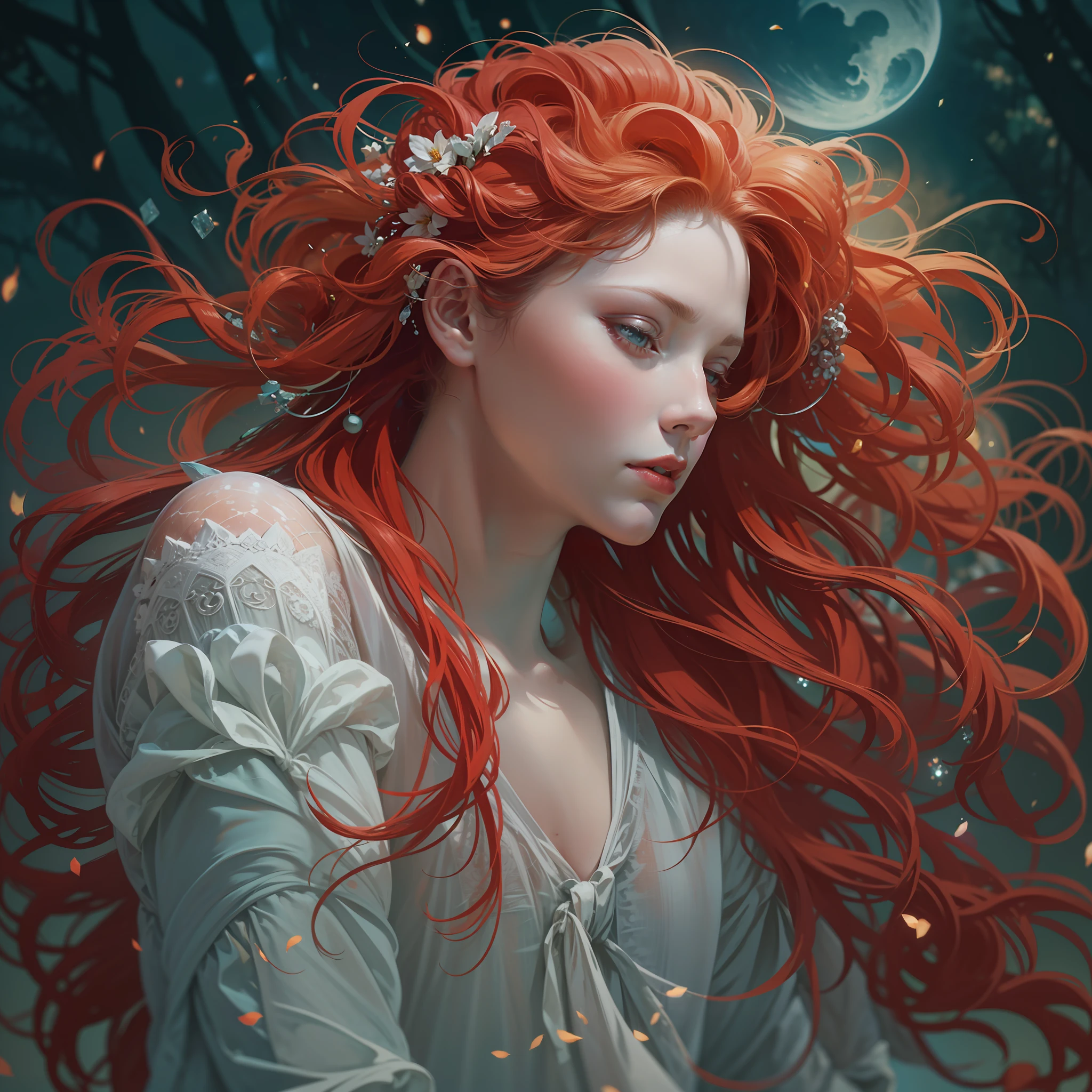 A woman with porcelain skin, long red hair, with a delicate and ethereal beauty, her skin shining in the moonlight, dynamic colors, ultra-detailed, Full Shot, Karol Bak style, 4k