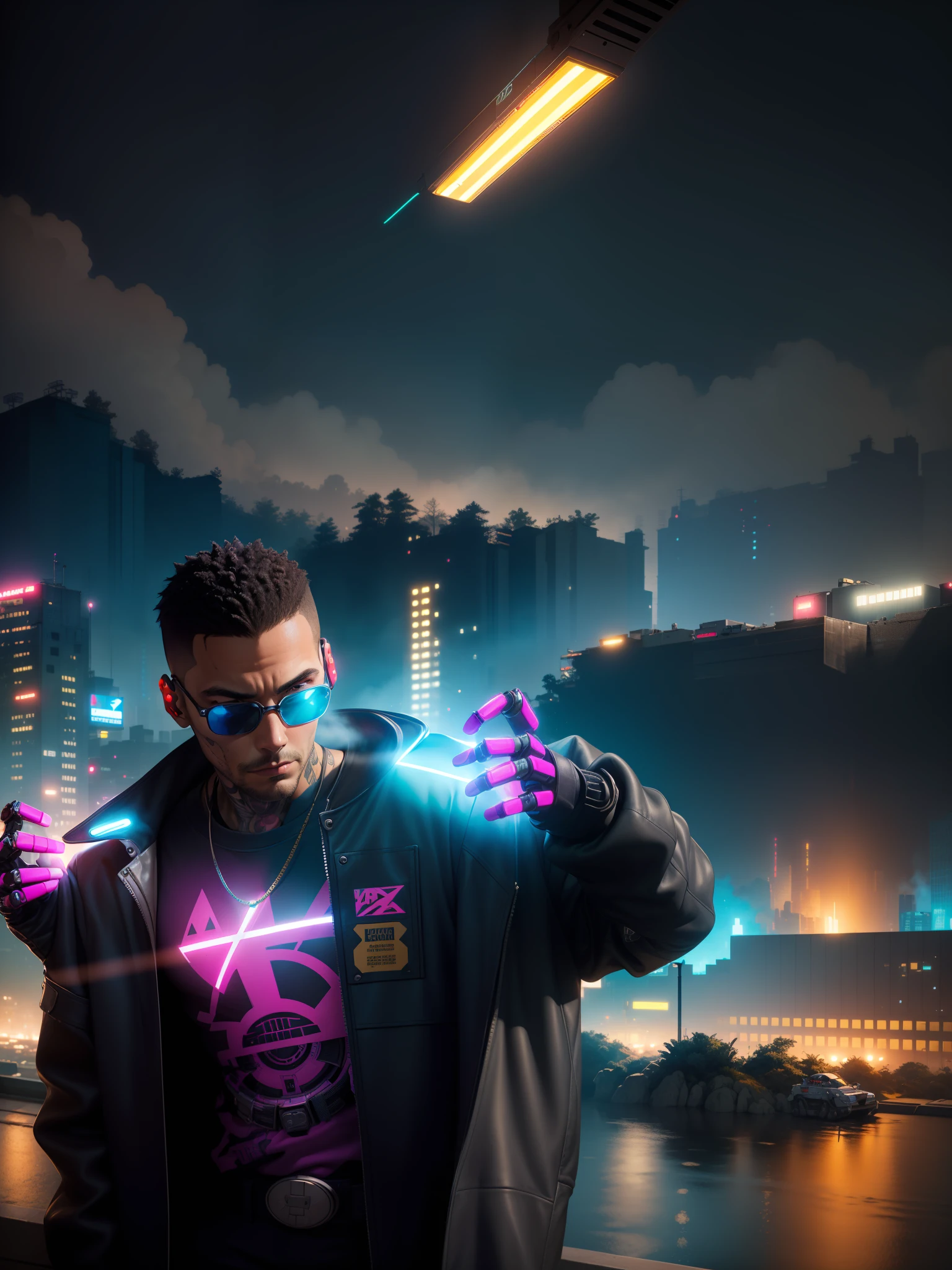 ((Daylight)), ((Realistic)), ((1Man)) and ultra-detailed photography of a man with cyberpunk aesthetic wear. He has a ((dark hair, indigo highlights)), wears a (streetwear top, cross led pattern:1.2), (leather jacket, fuchsia pattern:1.2), (disruptive suit:0.9), golden hour, landscape orientation, upper body focus, full body, dynamic lights, RAW photo, (perfect face:1.2), (led lighting:1.2), (in the style of Ghost In The Shell:1), (in the style of Blade Runner:1.2), (in the style of Akira:1.5), (face details:0.7), (tattoo:1.1), (robot suit:1.1), (glow hair:0.7), determined, film grain, depth of field, soft lighting, sparkle, motion blur, from above, lens flare, Ultra-Wide Angle, ((Best Quality)), ((Masterpiece)), 16k