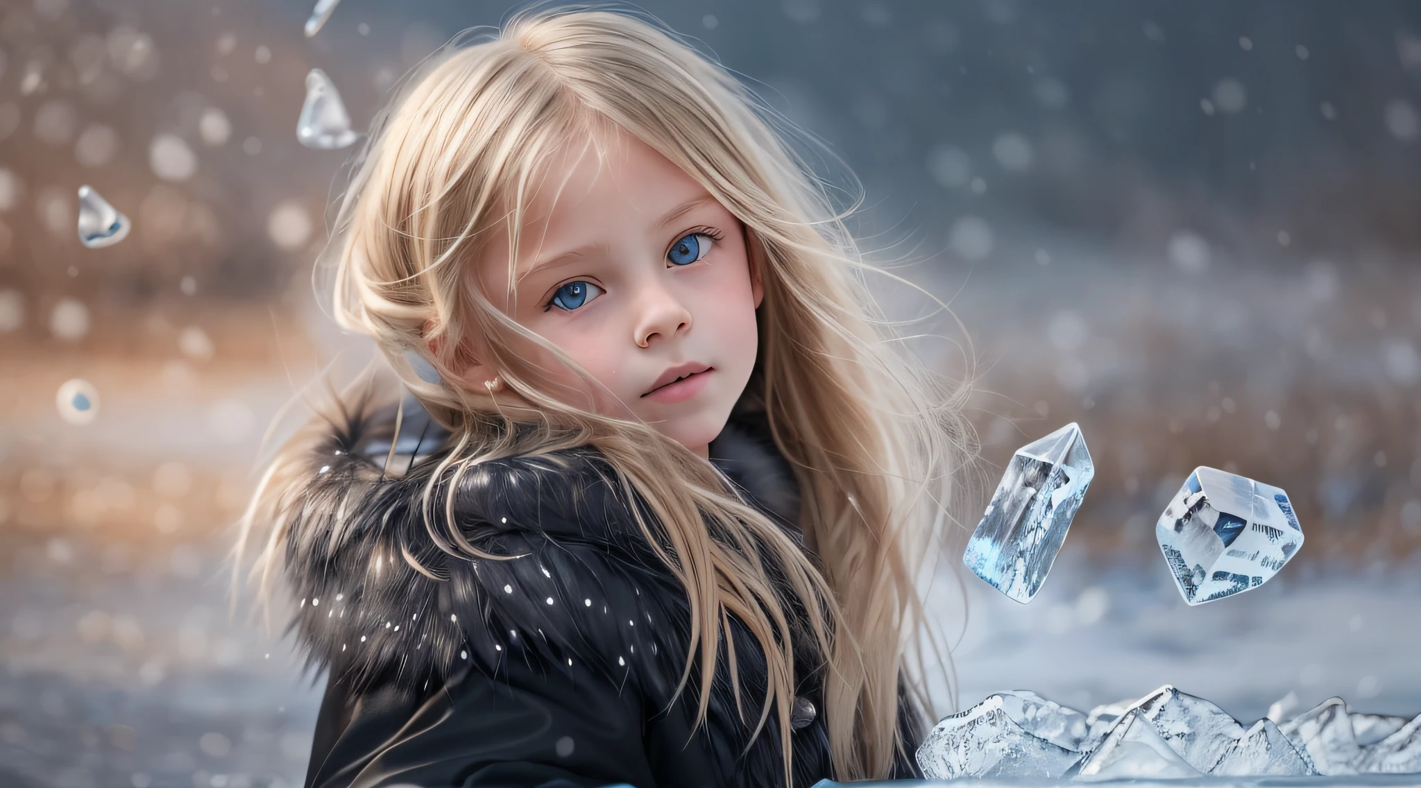 10 year old girl Russian child with long hair BLONDE, PORTRAIT, BLACK FUR COAT, ICE, ICE, LOTS OF ICE,