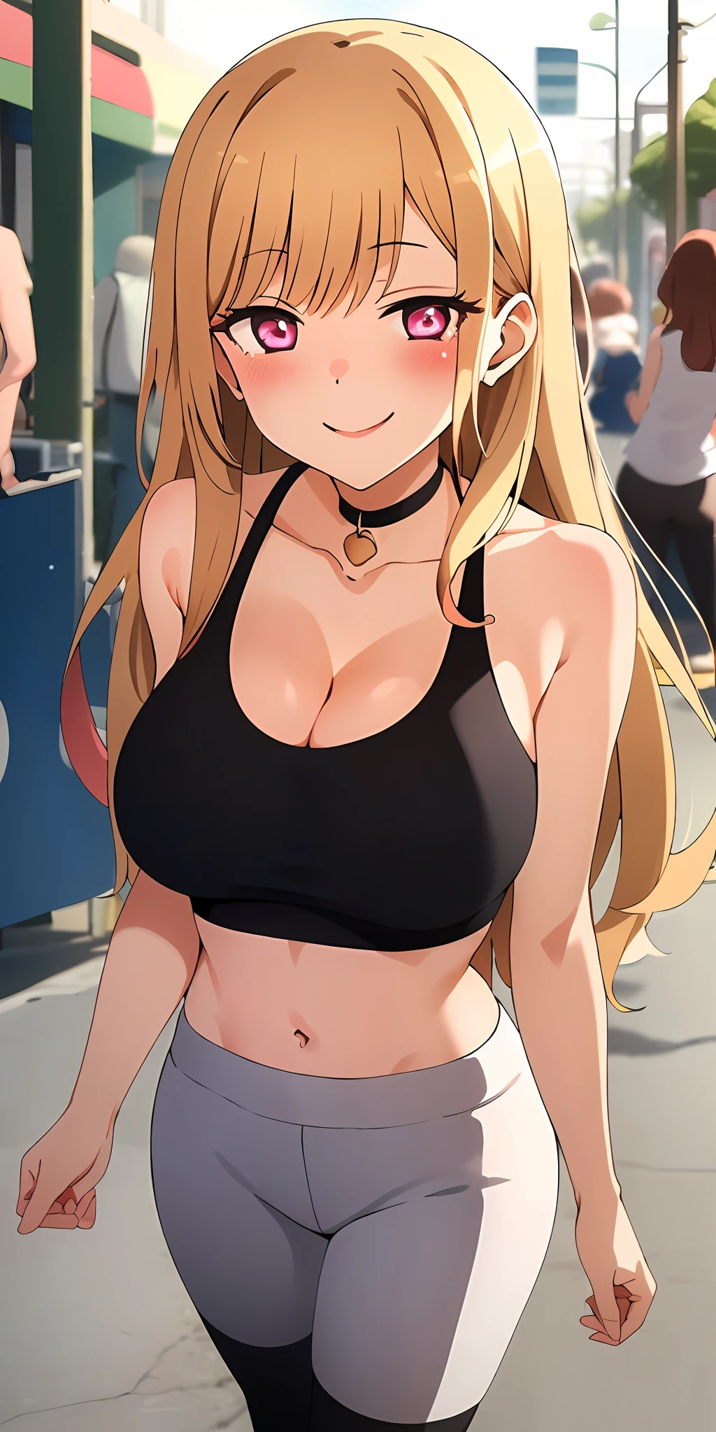(Best quality:1.3), kitagawa, large breasts, cleavage, crop top, yoga pants, smiling, street background, (pov, blushing:1.3)
