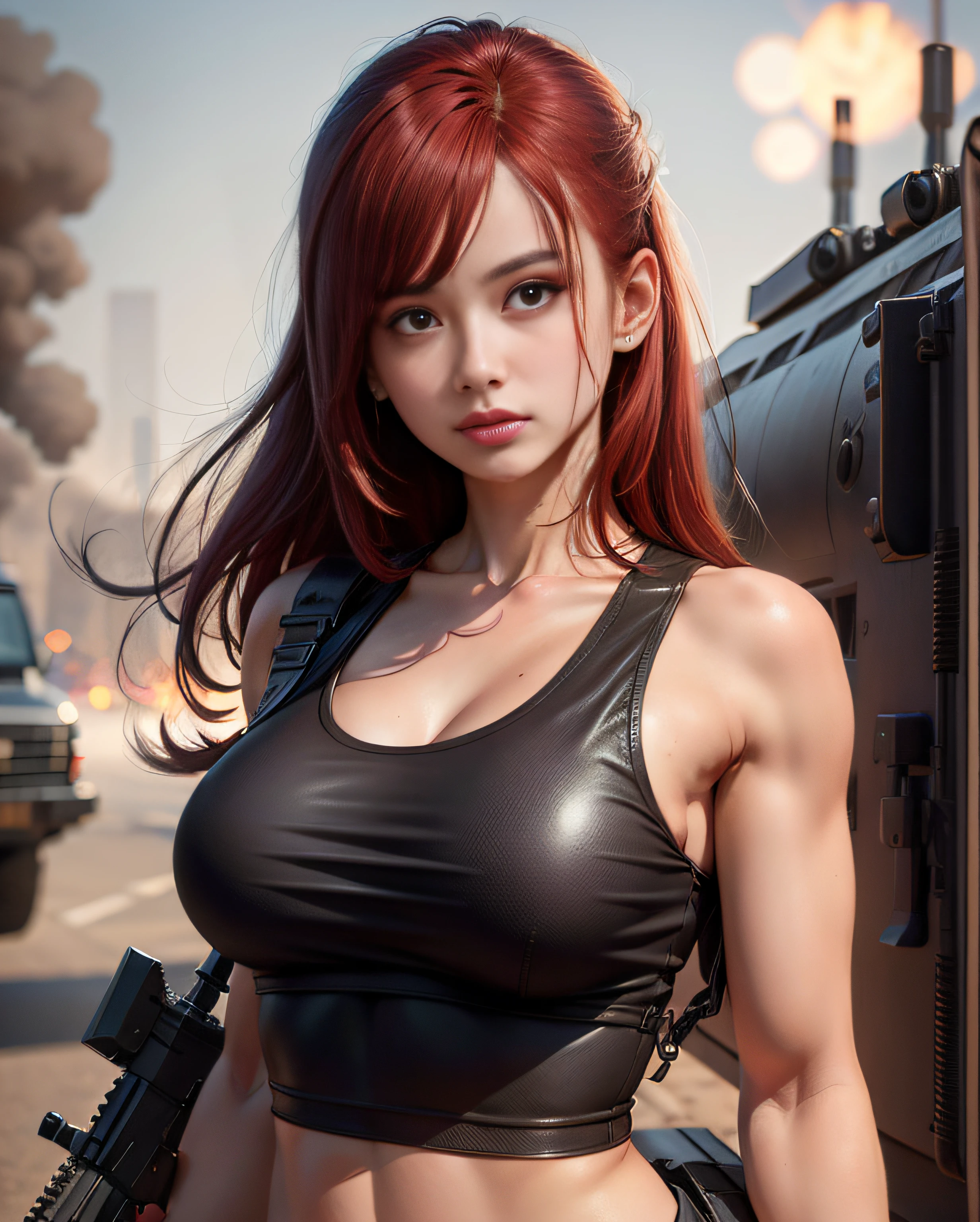 The body shrinks from head down,Background war,realisticlying,8K,Firearms in hand,The expression is coquettish,Different actions,Background bokeh,smog,Bright red hair,Bright light on the face,Lips slightly open,Leather Vest