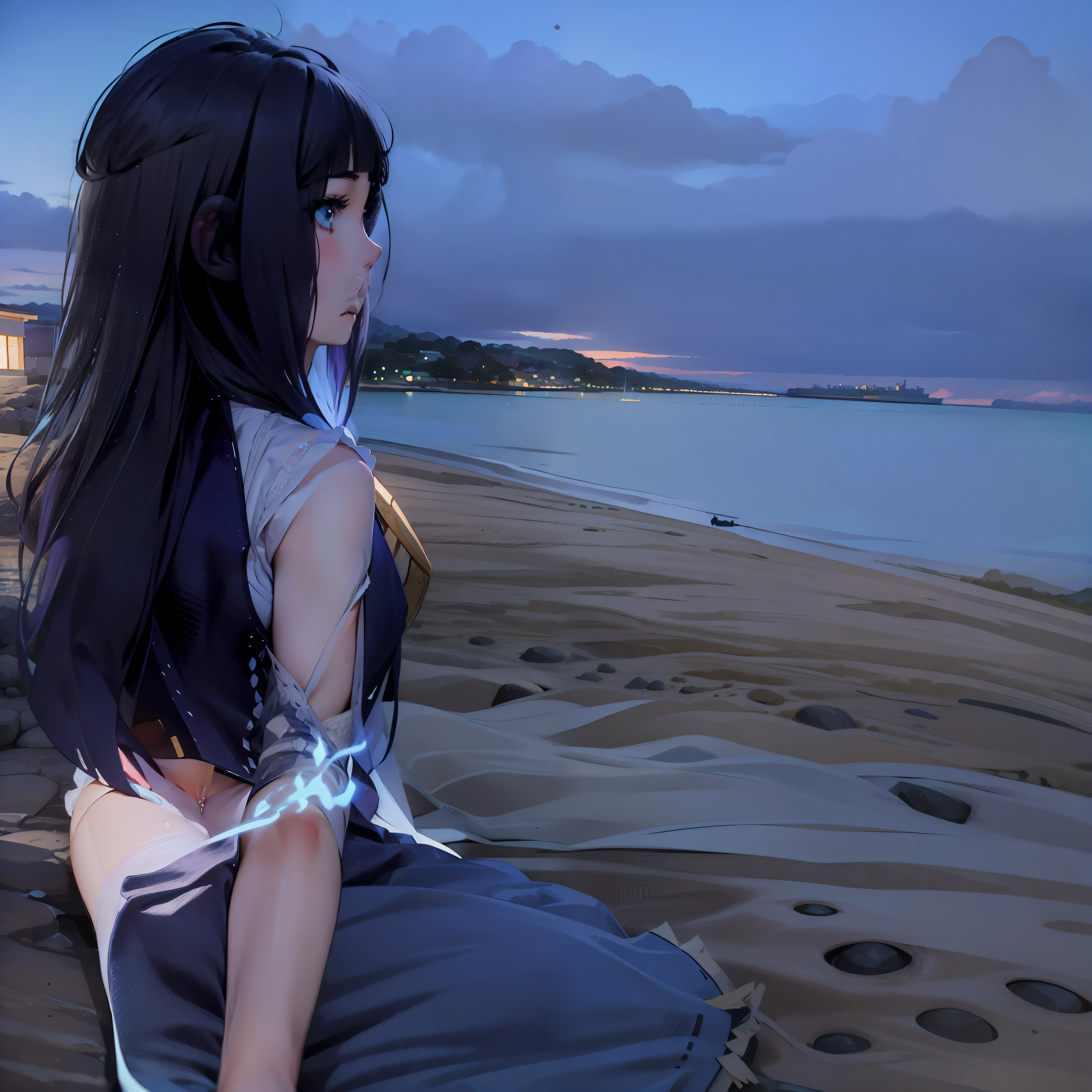 painting of a woman sitting on a rock looking out at the ocean, in the art style of bowater, made with anime painter studio, serene illustration, painted in anime painter studio, beautiful girl on the horizon, dreamy illustration, blurry and dreamy illustration, blurred and dreamy illustration, in style of digital painting, dreamlike digital painting, watercolor digital painting, girl watching sunset