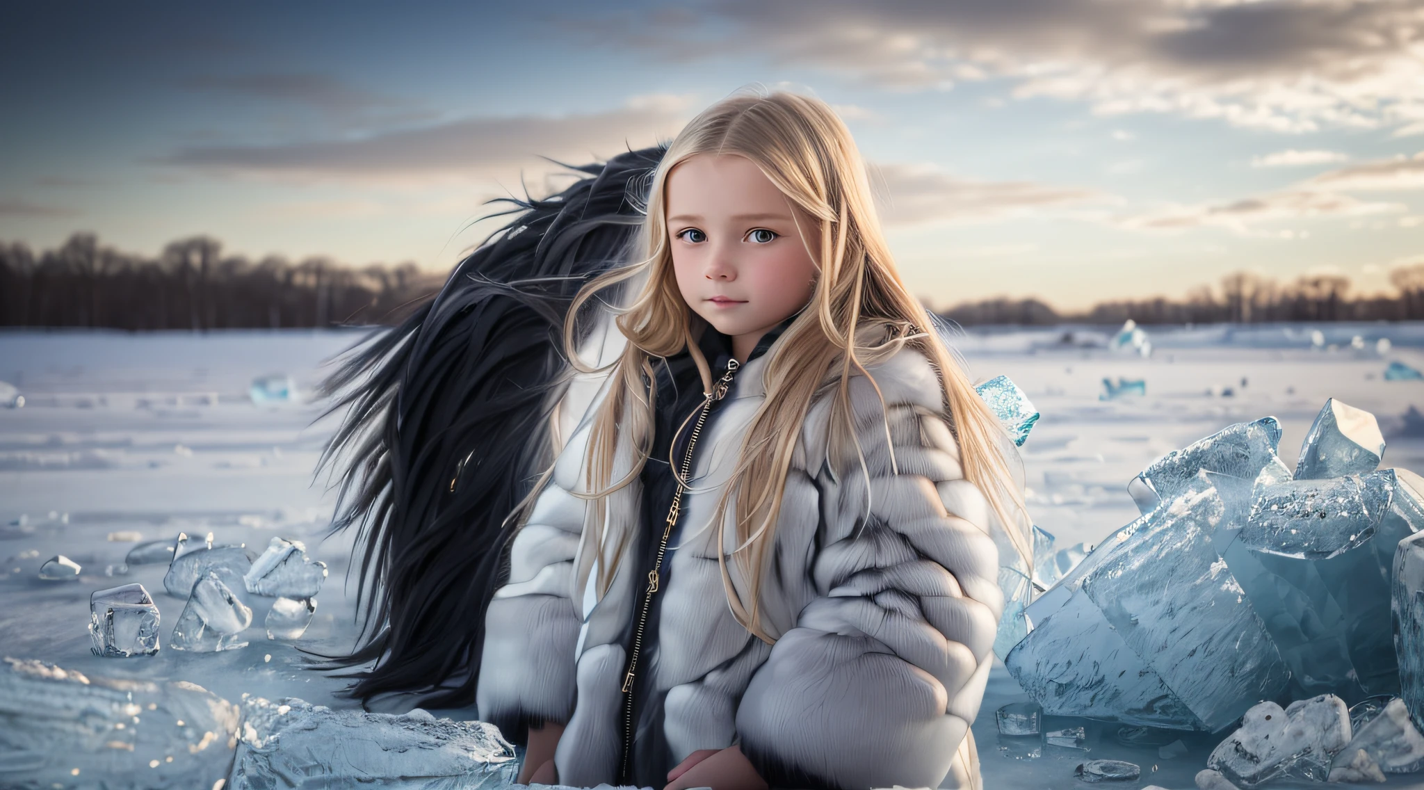 10 year old girl Russian child with long hair BLONDE, PORTRAIT, BLACK FUR COAT, ICE, ICE, LOTS OF ICE,