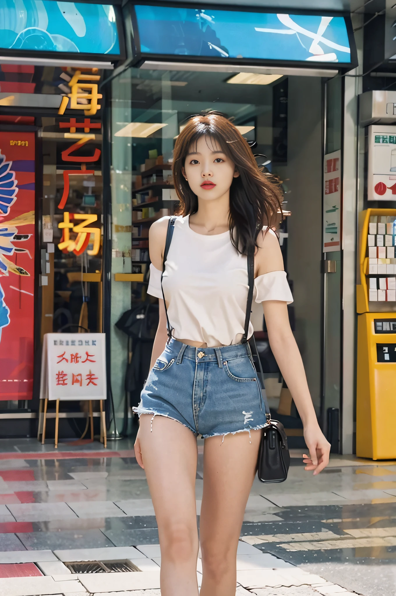 1 girl, Full body photo,，Jeans，Suspender T-shirt，Wearing sneakers, cropped shoulders，The facial features are delicate and three-dimensional, The expression is natural and real, cheerfulness，Detailed details，Real and natural，Walk next to the camera，Accidentally see your footage ， wearing denim short shorts, photo of slim girl model, Straight dark brown hair ,floated hair，Large breasts, Walk in the square stylishly and naturally, The background is a spacious square in a fashion shopping mall，The ground is smooth，Advancedsense，High-rise building in background，Korean female model, Casual style, In fashion style, Trendy clothes, Solo, Detailed background, Square fashion clothing, Square fashion clothing, Sexy girl in shorts, Square fashion clothing,, very beautiful slim legs, Photorealistic, Street photography, Masterpiece, Realistic, Realistic, Photorealistic, High contrast, artstation 8k, High-definition realistic digital art trends, Detailed, Skin texture, Super detailed, Realistic skin texture, armature, Best quality, 超高分辨率, (Photorealistic :1.4), 超高分辨率, Detailed, primitive, Sharp Re, Port Kodak 400, Camera f1.6 shots, Rich colors, Ultra-realistic, Realistic textures, Dramatic lighting, illusory engine, Popular on the ArtStation Cinestill 800