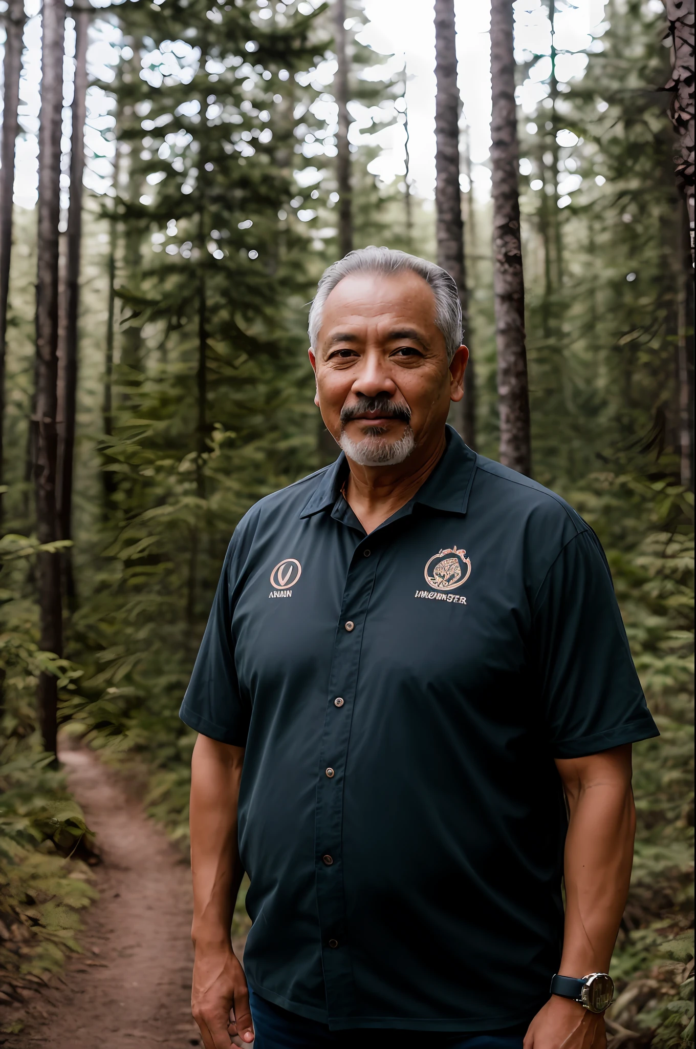 Foto RAW, uma foto retrato de 55 y.o homem, Roupas de viajante, standing in the forest, pele natural, 8k UHD, alta qualidade, filmic grain, Fujifilm XT3