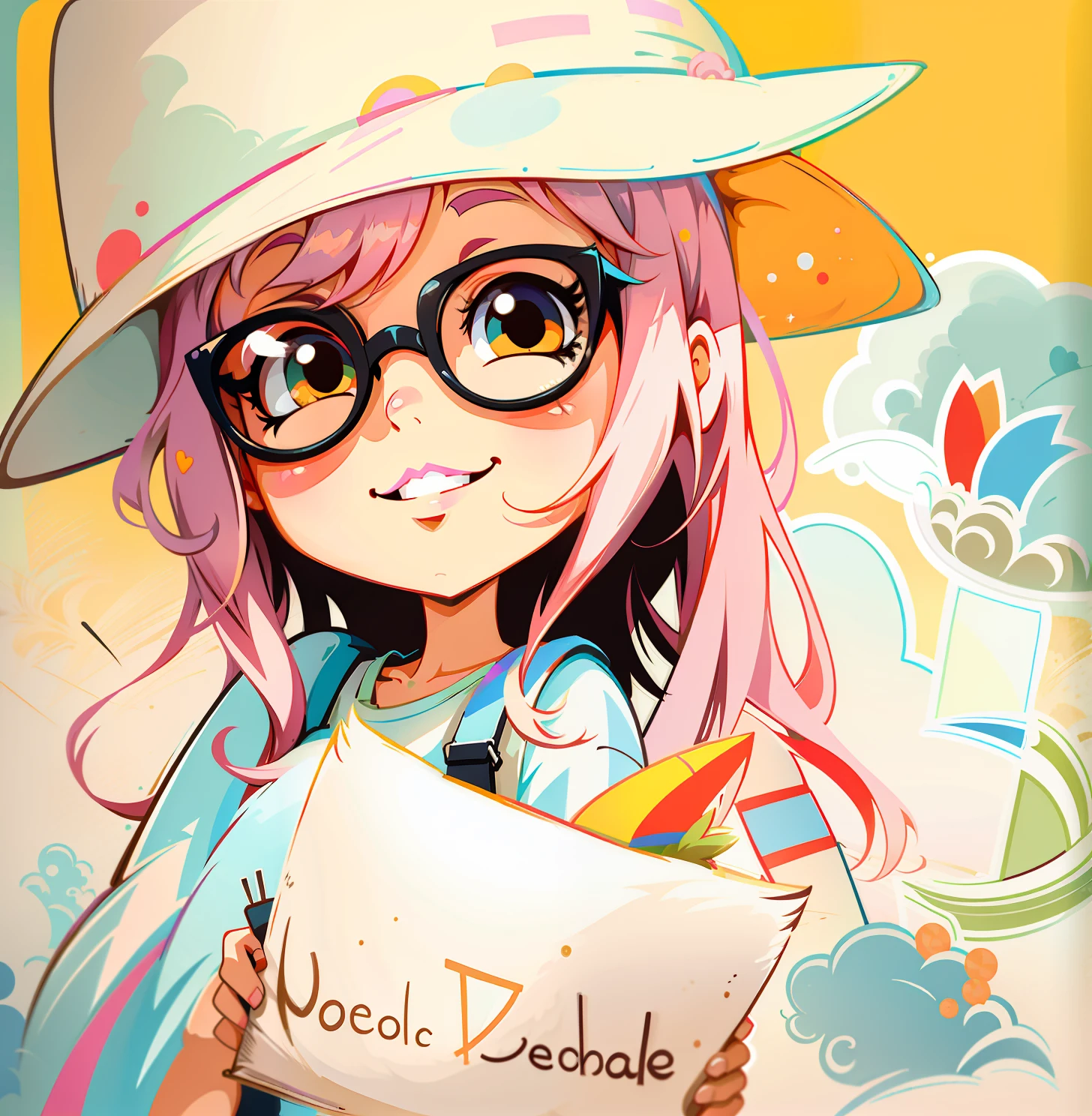Draw a girl with a handbag wearing a hat and sunglasses, sketchy artstyle, a sticker，a sticker， Nikkaze，（Cute girl），(Gorgeous suspenders)，（Gorgeous sun hat），（Long hair styling），sandbeach，Clouds，Behind is the seaside，sandbeach， simple backgound， dk， adolable， Little big breasts柄， pastel colour， vectorstyle， no gradien，The paper says Hi Hi Hi