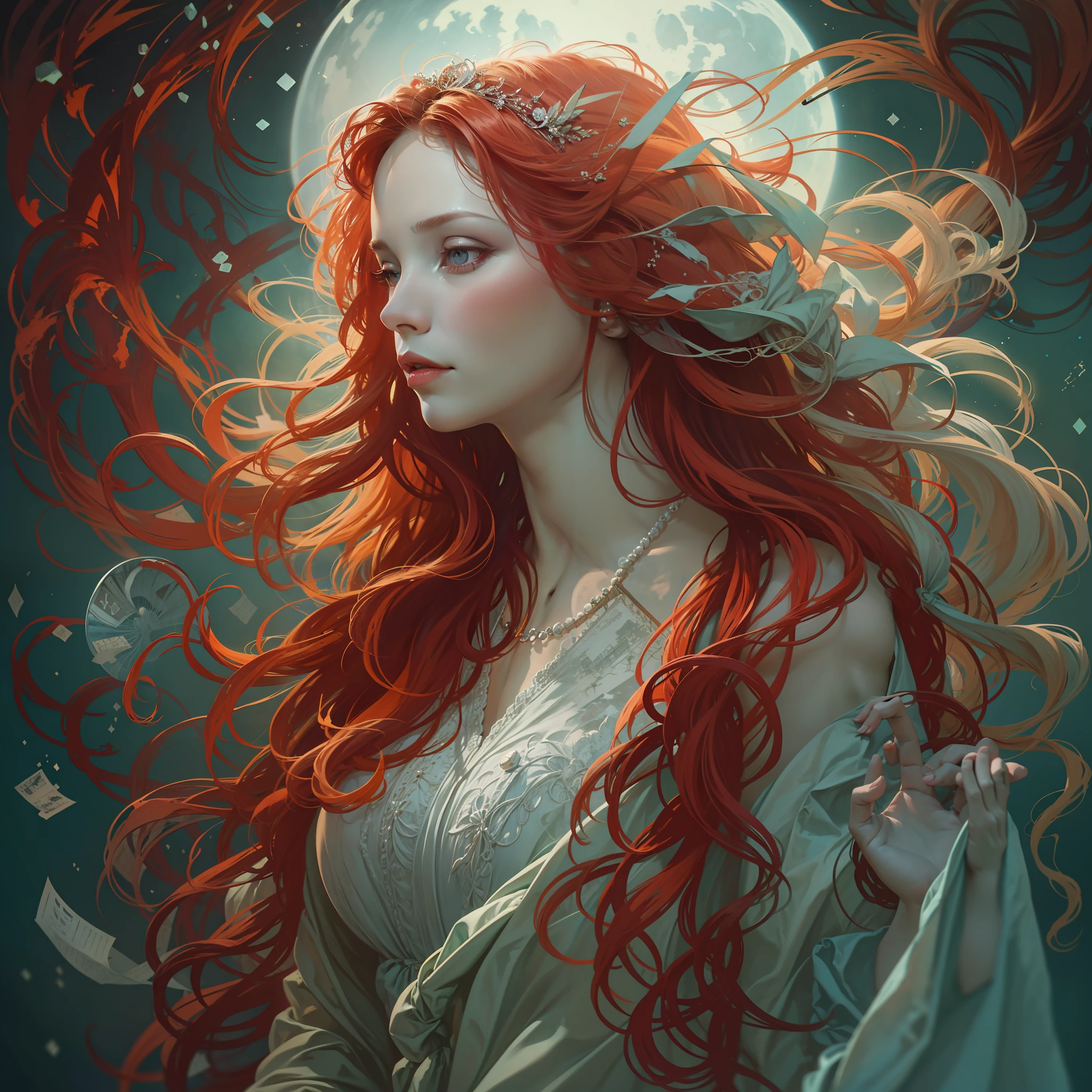 A woman with porcelain skin, long red hair, with a delicate and ethereal beauty, her skin shining in the moonlight, dynamic colors, ultra-detailed, Full Shot, Karol Bak style, 4k