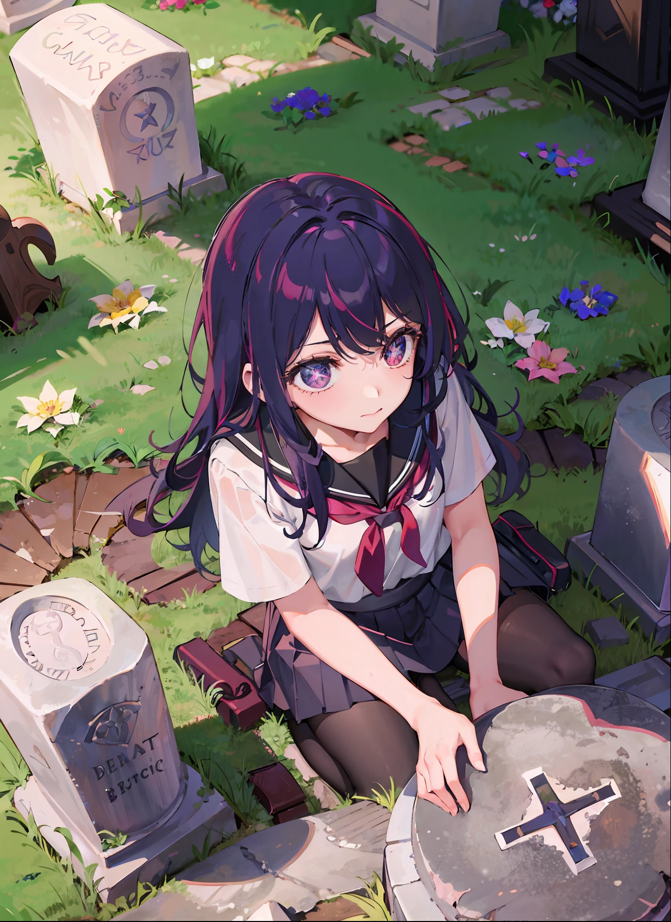 one-girl,((There is a five-pointed star in the eye))Gorgeous Hair in Long Purple,grave stones,burial site,nigth,JK school uniform,short skirt,full bodyesbian,bunch of flowers,rained