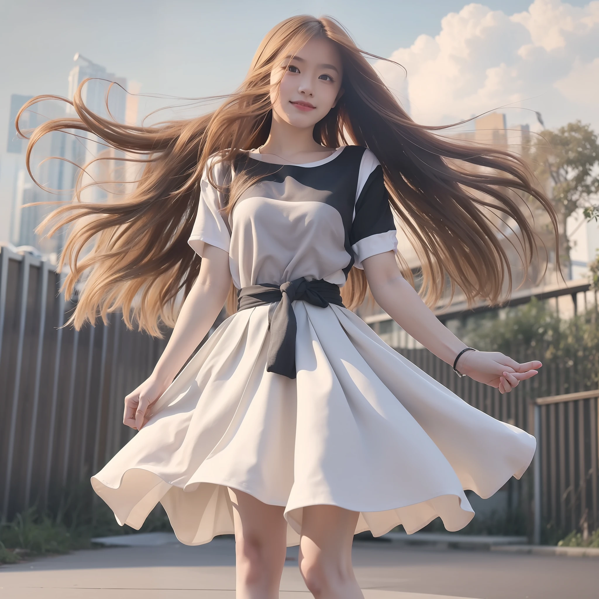 "(Best picture quality、A masterpice), white backgrounid, Ultra-thin paper,Sparkling, Beautiful and tasteful, The wind blew for a long time,ssmile, curly blond hair, Vivid and stunning,Scottish pleated skirt,Greater wind,The wind blows hair,Floating hair,Static clothes,Short sleeved bodice,extra very long hair,12 meters long hair,Hair grows to the floor,Correct limbs,fully body photo,standing on your feet,white short sleeve,Cross your hands at your waist,mid day,Sunnyday"