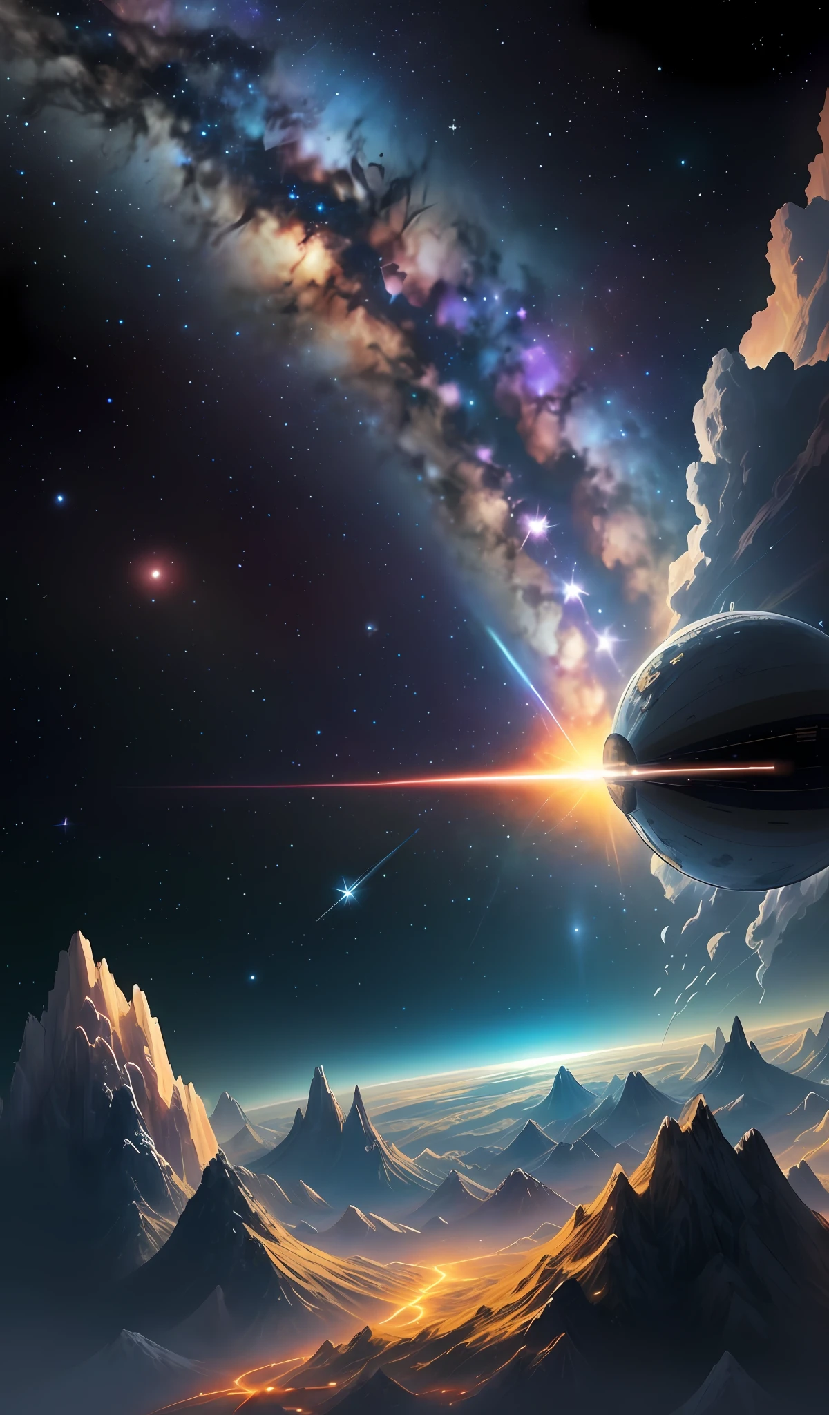 Imagine space with many stars, bem saturado com os planetas em volta, And in the middle of it all there's going to be a comet falling towards Earth, bem ciberpunk