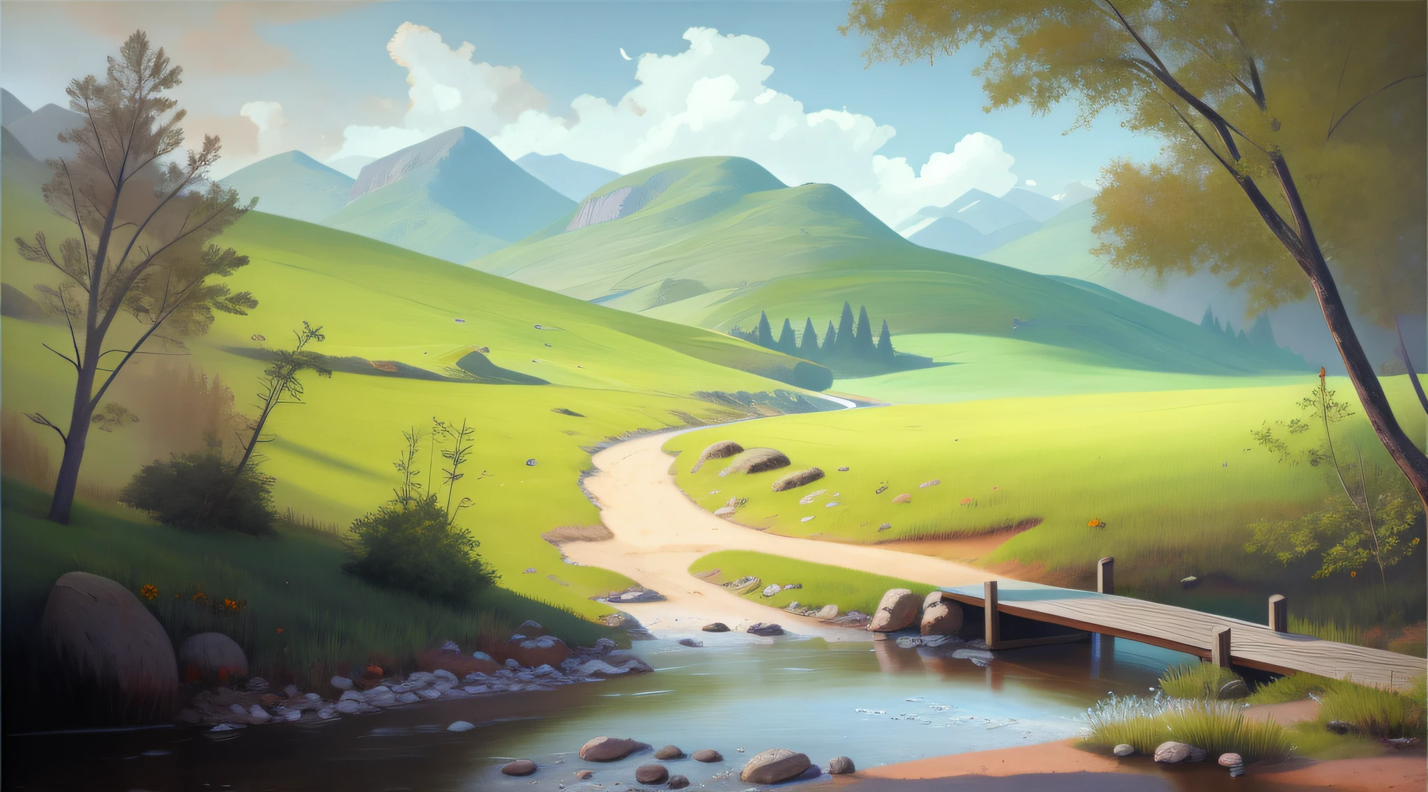 painting of a bridge over a stream in a green valley, Pintura digital fosca 4K HD, Pintura digital 4K, Pintura digital 4k, 8k resolution digital painting, 8k resolution digital painting, inspirado em Andreas Rocha, arte conceitual de pintura digital, pintura digital bonita, pintura digital fosca, lindo pintura digital, Pintura digital 8k, Tran Ross. scenic background