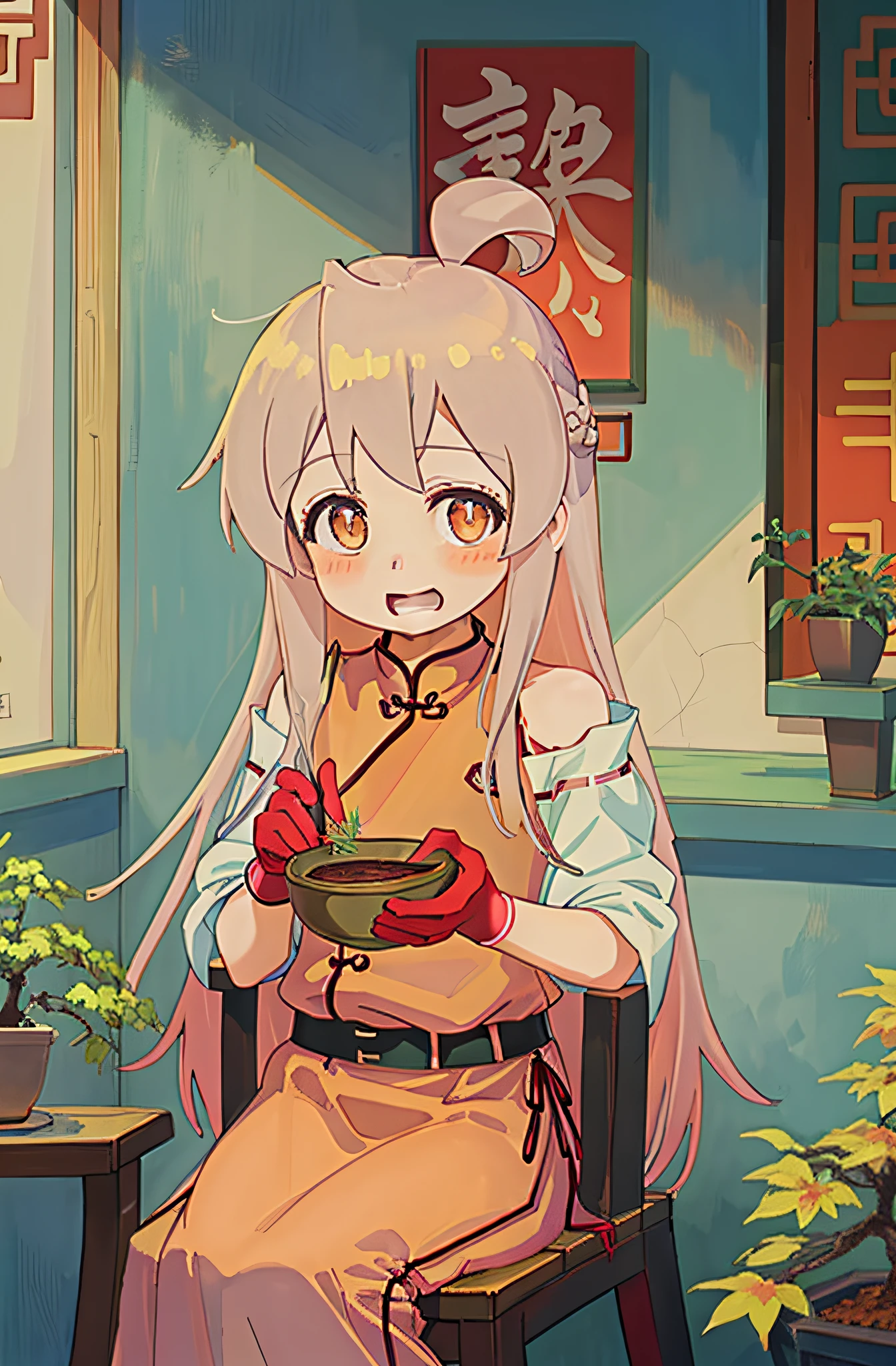 Anime girl sitting on bench,Holding a flower pot in his hand, Splash art anime Loli, anime visual of a cute girl, small curvaceous loli, with index finger, Anime moe art style, small loli girl, style of anime4 K, Loli, Kantai collection style, Best anime 4k konachan wallpaper, loli in dress, 🍁 Cute,natural volumetric lighting and best shadows, Deep depth of field, Sharp focus, Portrait Of Stunningly Beautiful Petite Girl, Soft and delicate, beautiful attractive face,Charming brown-orange eyes, lovely small breasts, Plumping mascara, Sharp eyeliner, view the viewer, seduct smile, Open mouth, White hair that is messy by the wind, ahoge, Double braided bun hairstyle, Blush Eyeshadow With Thick Eyelashes, parted lip, Chinese fringed belt, Bare shoulder Chinese side slit dress, Pelvic curtain, Bridal gloves gloves, Indoor Chinese-style rooms, Stargazing night sky, Chinese lattice round window, Antique Chinese folding screen, Bonsai tree with flowers, (sit on chair:1.1), (Highest quality, Amazing details:1.4), Dramatic, Ray traching, Picturesque scenery, Brilliant Colorful paintings,Cute little hands,Beautiful highschool girl、Normal hands