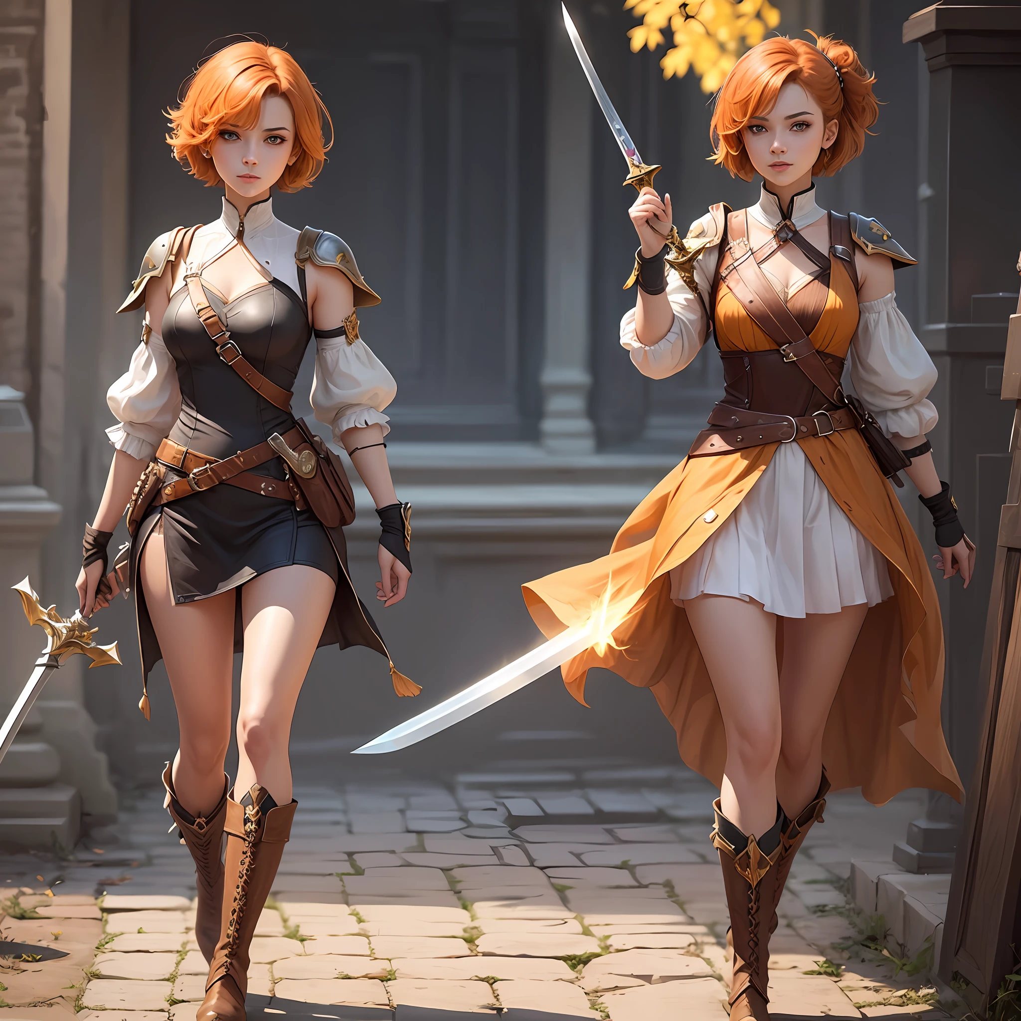 1 girl, hair brown-orange ?????, short hair, baddas girl, with 1 sword in hand, beautiful- cool girl, cool boots, reference benedetta mobile legends --auto