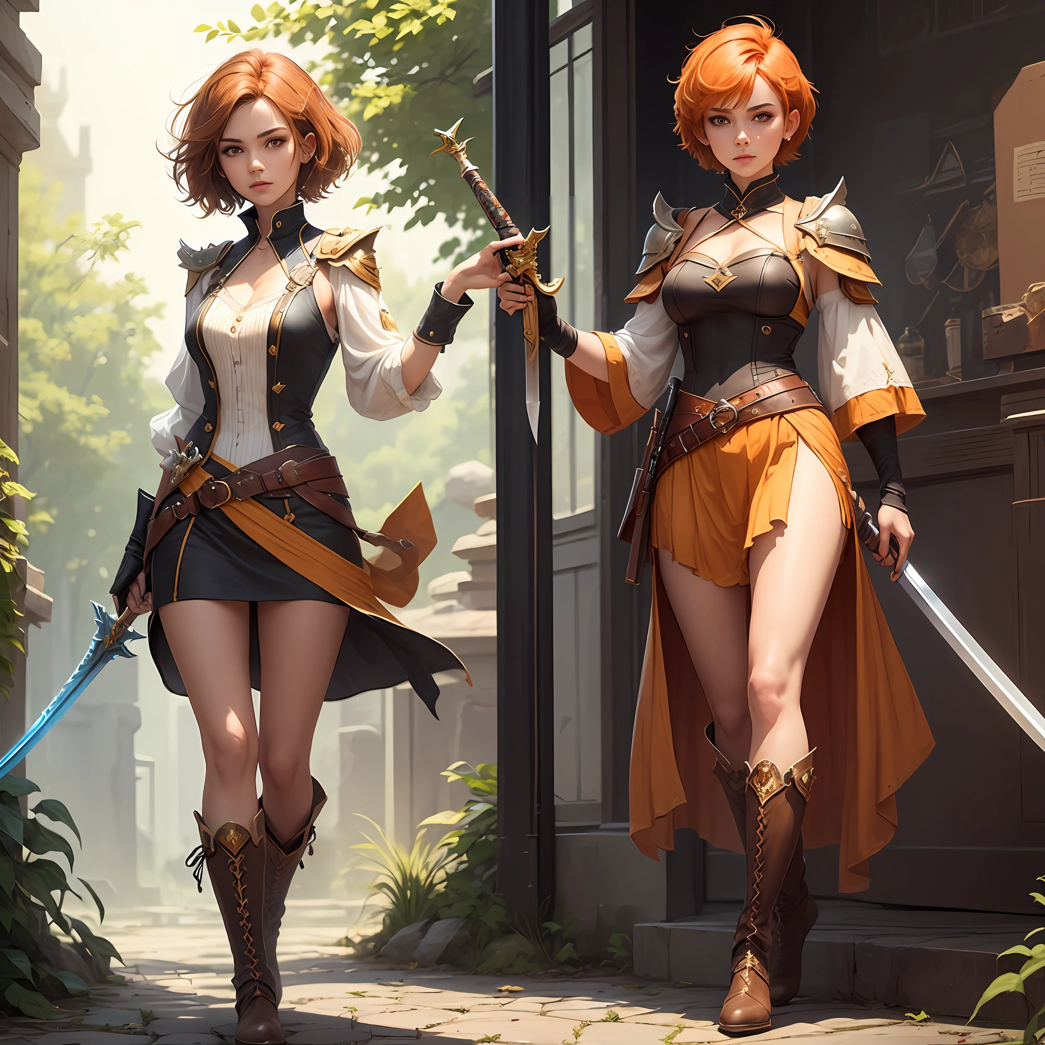 1 girl, hair brown-orange strip, short hair, baddas girl, with 1 sword in hand, beautiful- cool girl, cool boots, reference benedetta mobile legends --auto