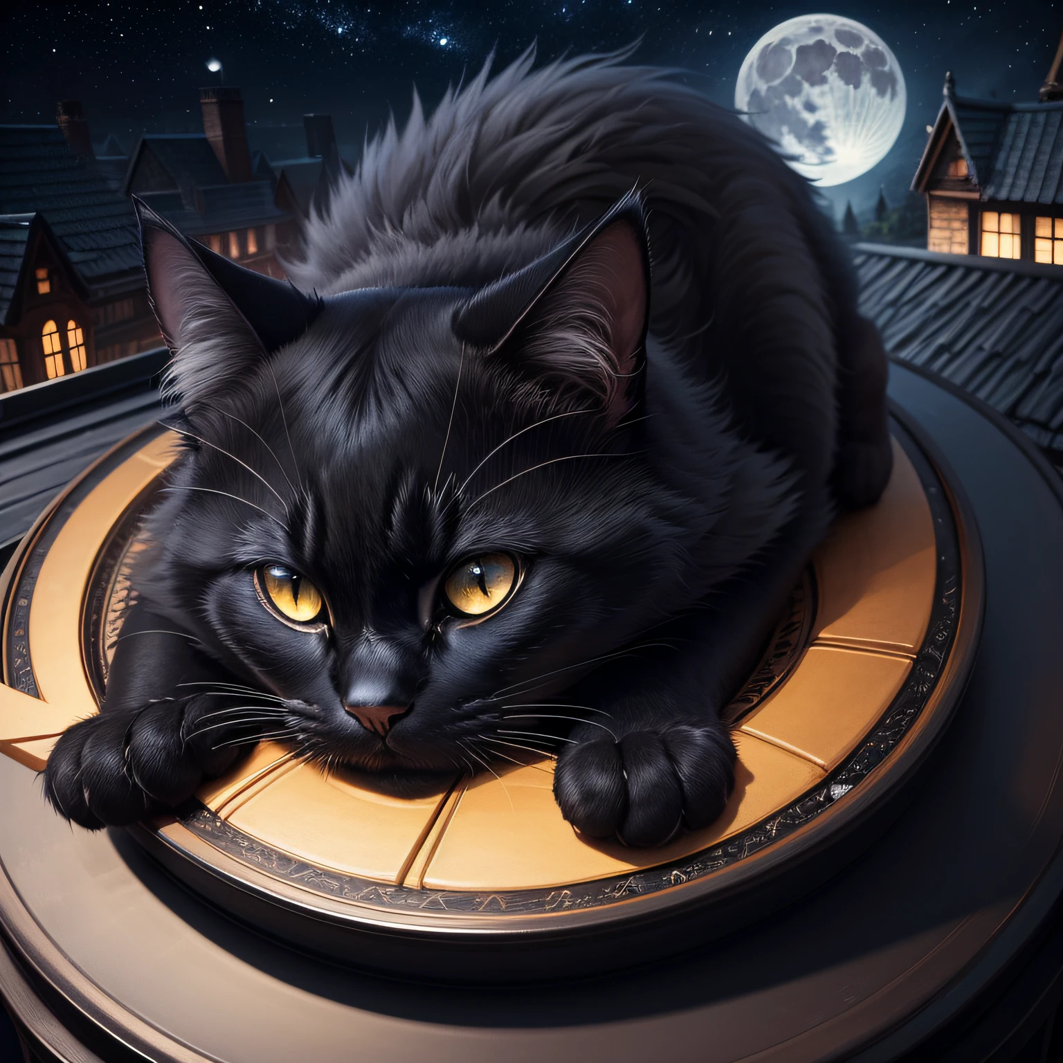 High quality, Black cat, the eye of the universe, long fur, Night background, roof backgrond, Big Moon --auto