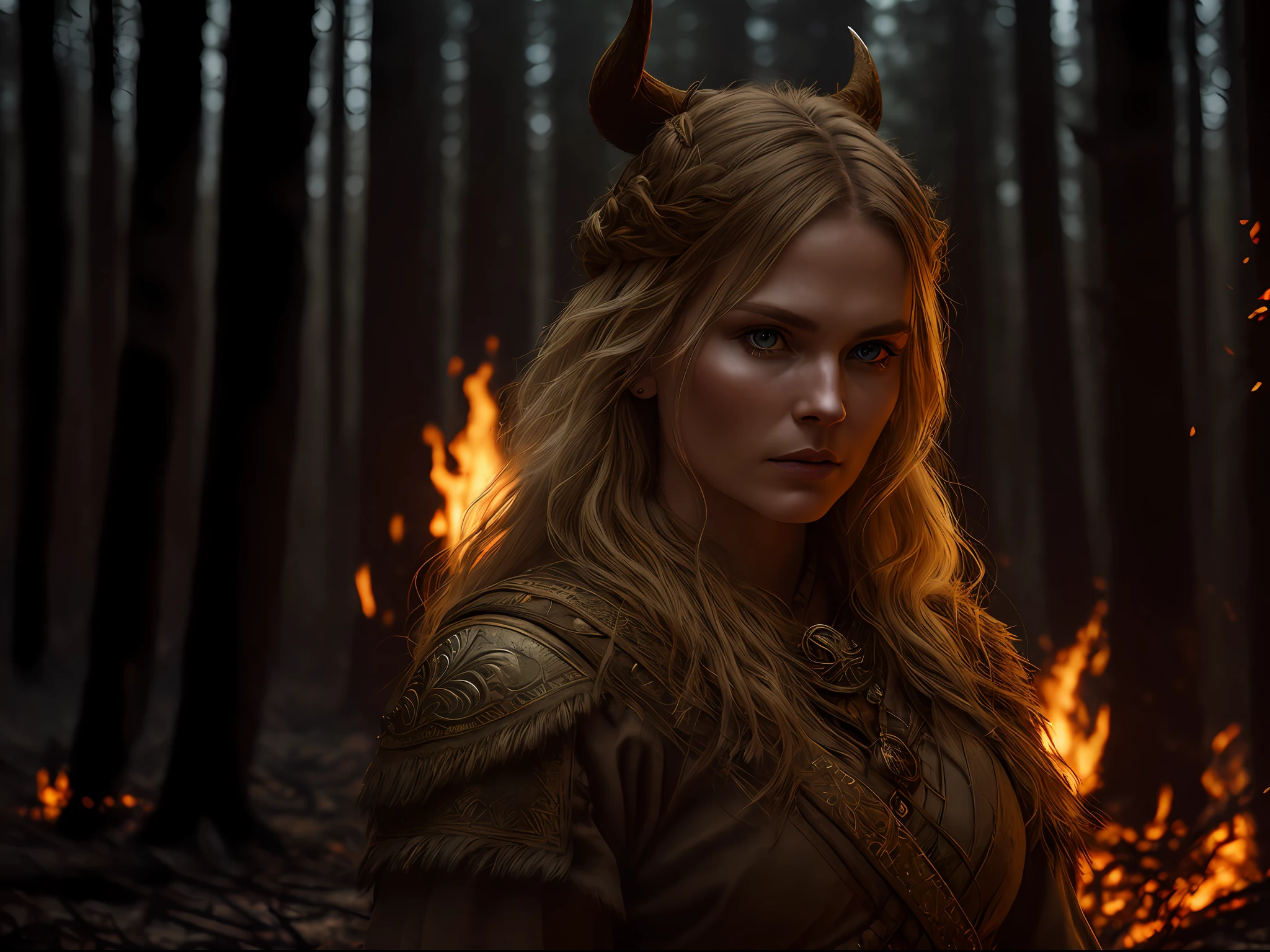 closeup award winning photo of Viking woman posing in a burning dark forest, look at a camera, (cinematic:1.5), epic realistic, hyperdetailed, insane details, intricate details, accent lighting, soft volumetric light, bokeh, (dramatic light:1.2), (neutral colors:1.3)