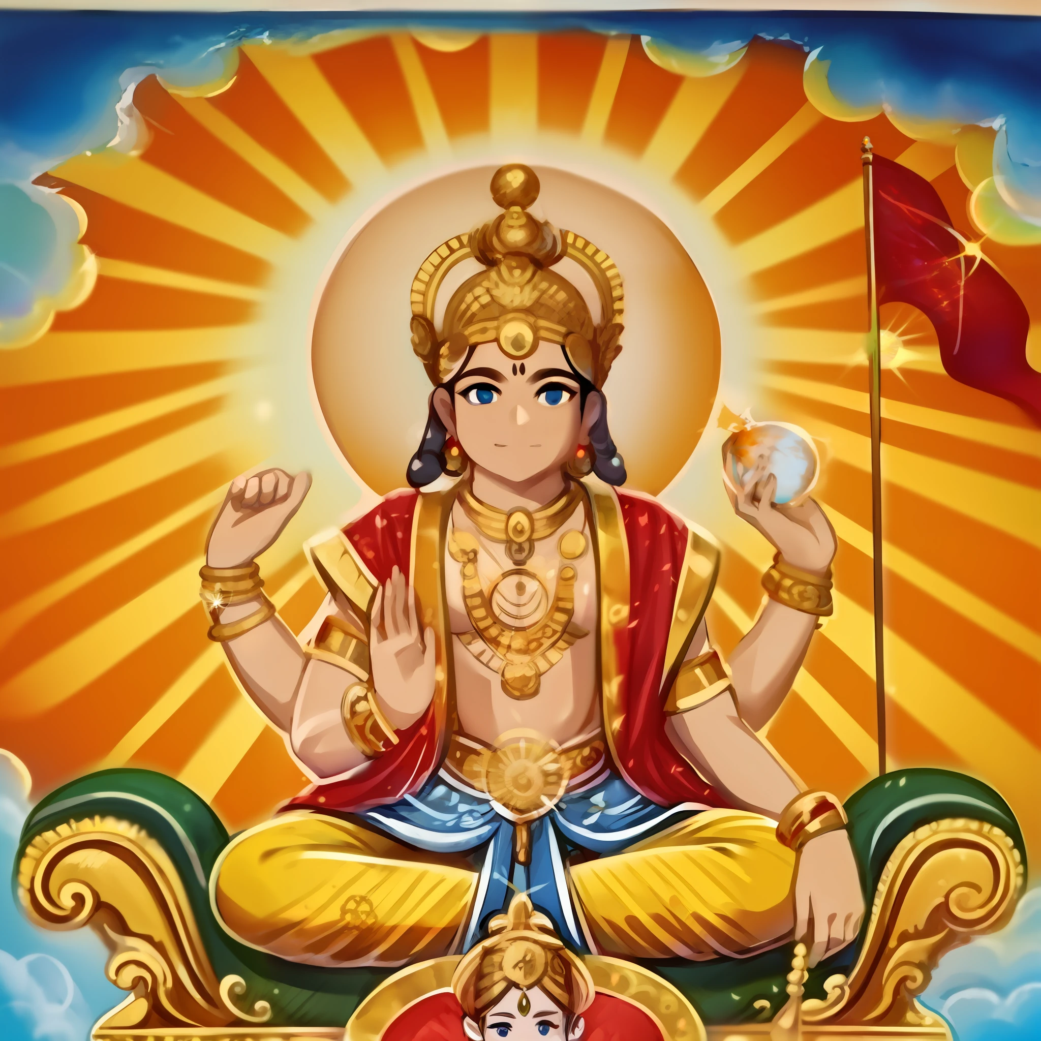 Surya, the Hindu god of the sun, 4 arms, black hair, blue eyes, male, short hair, hair buns, muscular